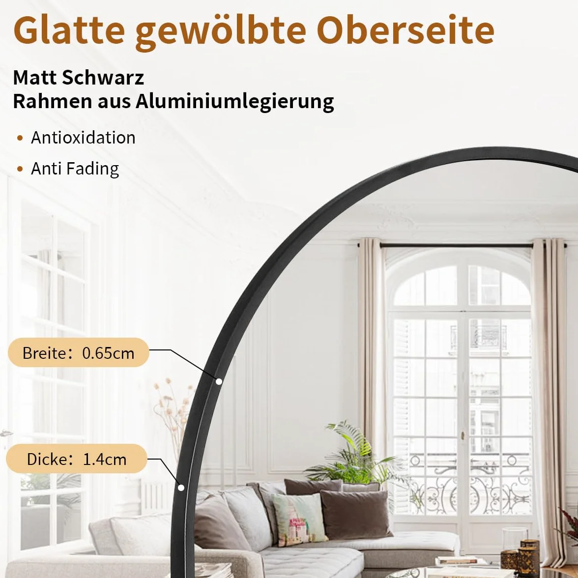Grand miroir en arc 76 x 171 cm pleine longueur, miroir de sol inclinable, noir