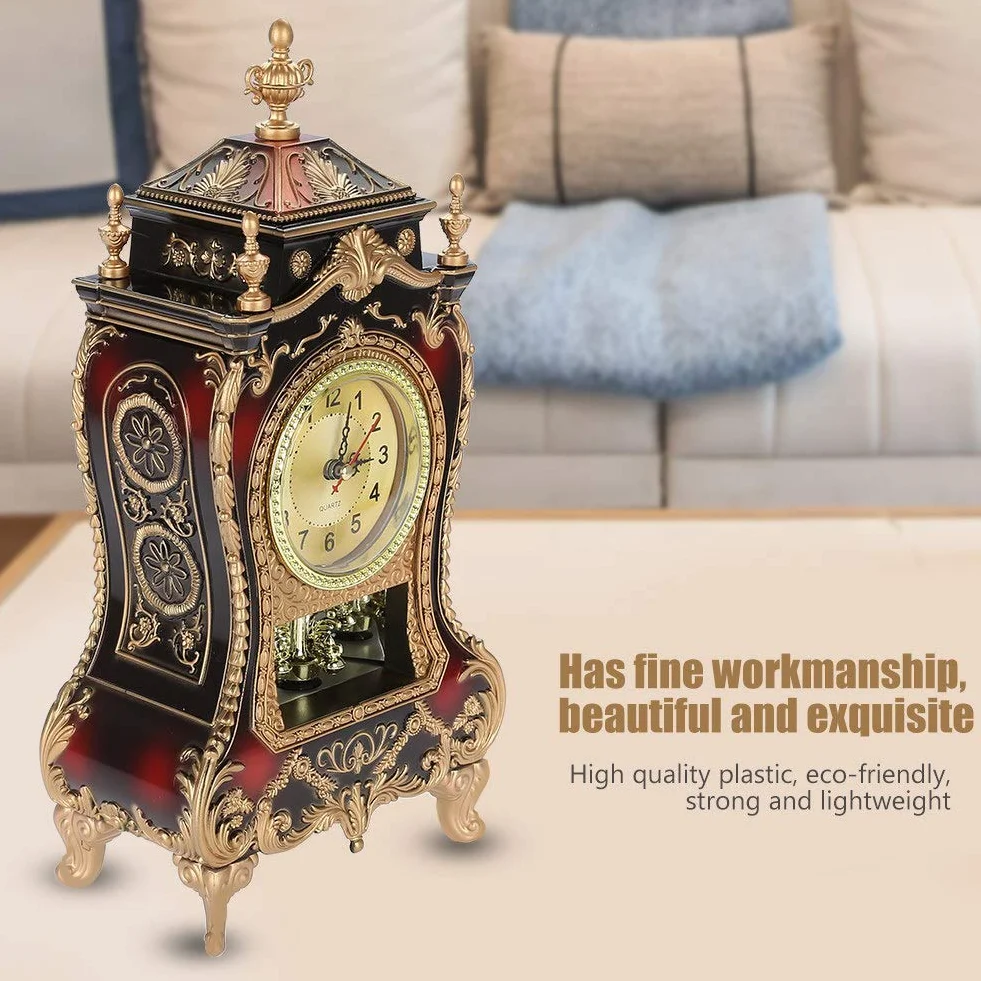 Tbest Pendule de Cheminée Antique Vintage Horloge de Table en Plastique Rouge Brunâtre