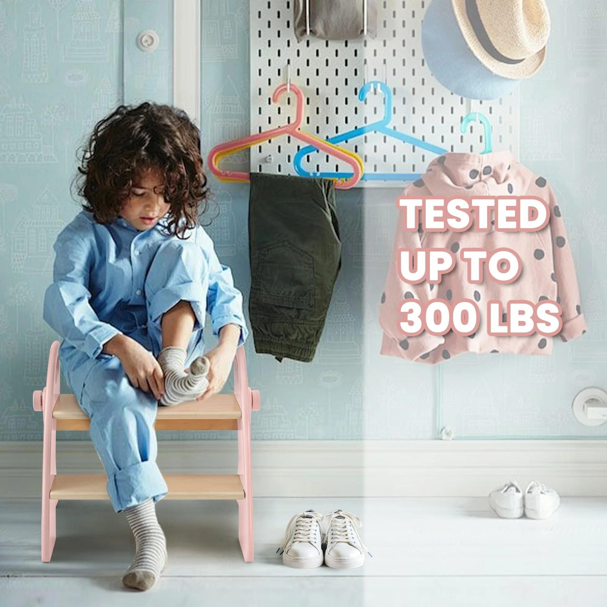 Marche Pied Pliable à 2 Marches en Bois pour Enfants, Capacité de 130 kg avec Tapis Antidérapant et Poignées, Tabouret pour Chambre, Salle de Bain, Cuisine, Rose