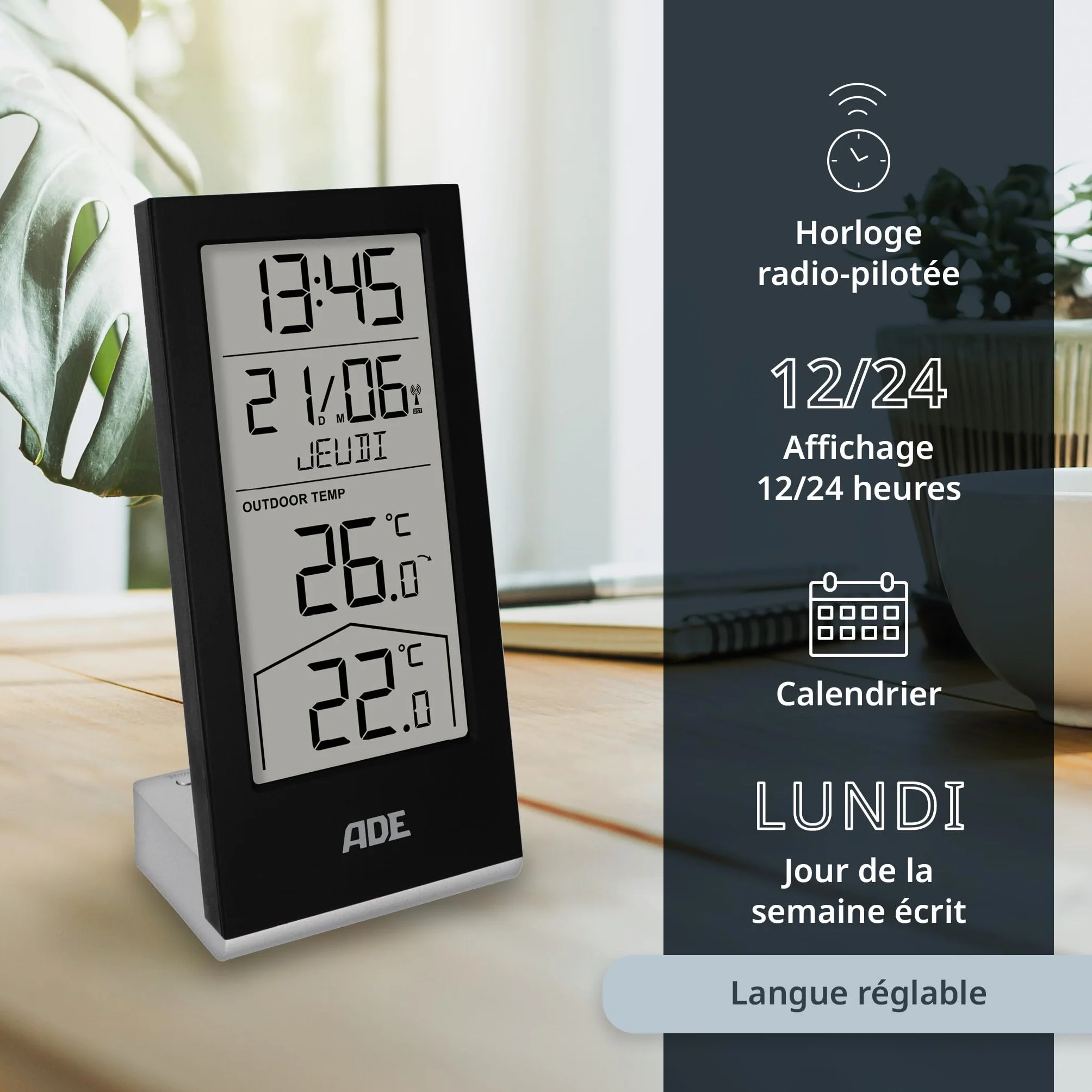 Station météo numérique sans fil ADE avec capteur extérieur, thermomètre intérieur et extérieur, horloge radio pilotée, calendrier numérique, noir