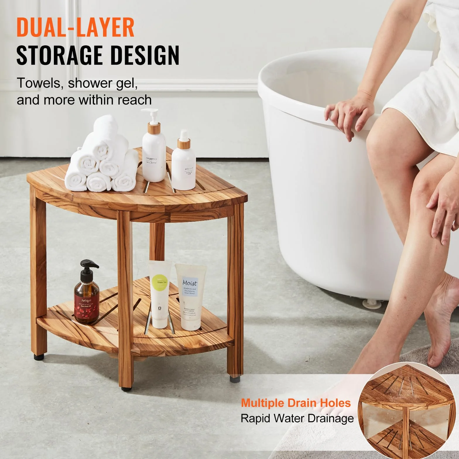 VEVOR Banc de Douche d'angle, Hauteur 47 cm, Rayon 39,2 cm, Tabouret en Teck, Capacité de Charge 227 kg, avec Étagère de Rangement, pour Douche Intérieure et Extérieure, Coin, Salle de Bain, Salon
