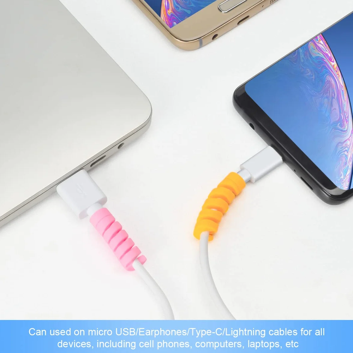 25 sztuk oszczędzających kabel do ładowarki, elastyczny silikonowy ochraniacz na kabel micro USB, kombinezon ochronny kabla myszy do wszystkich linii danych telefonu komórkowego (biały, różowy