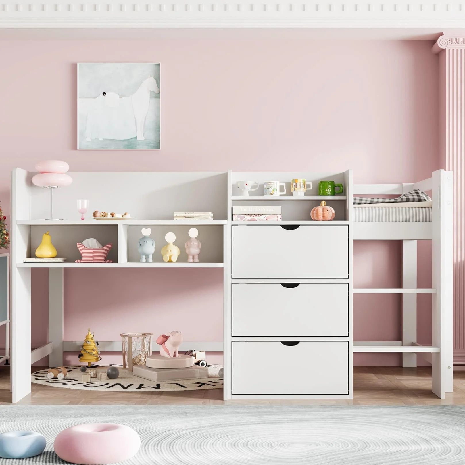 Lit Enfants Mi Hauteur 90x200,Lit Mezzanine 1 Place avec 3 Armoires,étagères Ouvertes,Haute Barrière,Sommier à Lattes Robuste,pour Enfants (A-Blanc)
