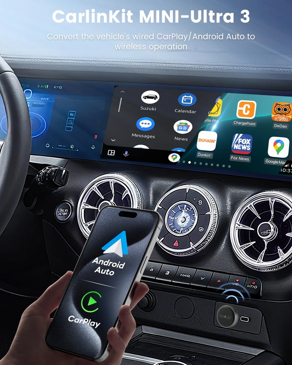 CarlinKit MINI Ultra3 Najnowszy bezprzewodowy adapter CarPlay i Android Auto, umożliwiający szybkie połączenie przewodowe z bezprzewodowym, kompatybilny z systemami iOS 10+ i Android 11.0+.