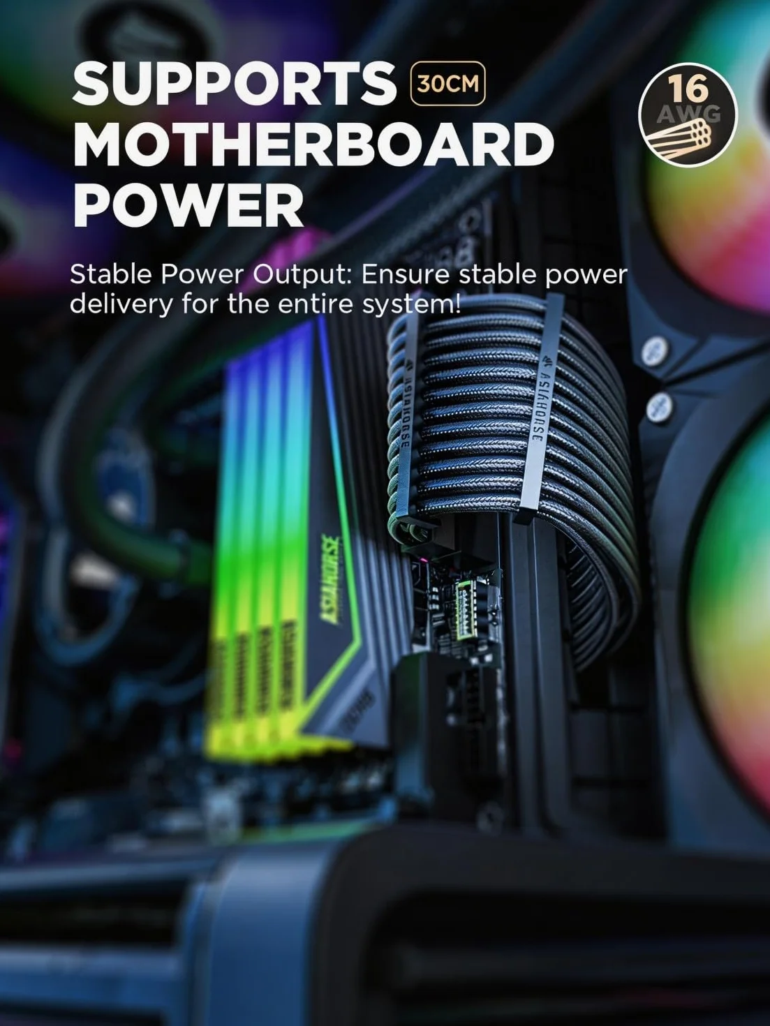 AsiaHorse Przedłużacz kabla PSU, Zestaw kabli w osłonie PC dla GPU/CPU, Przedłużacze kabli zasilających 18AWG z grzebieniami kablowymi, 24PIN/(6+2) PIN/(4+4) PINi, 30CM, Czarny