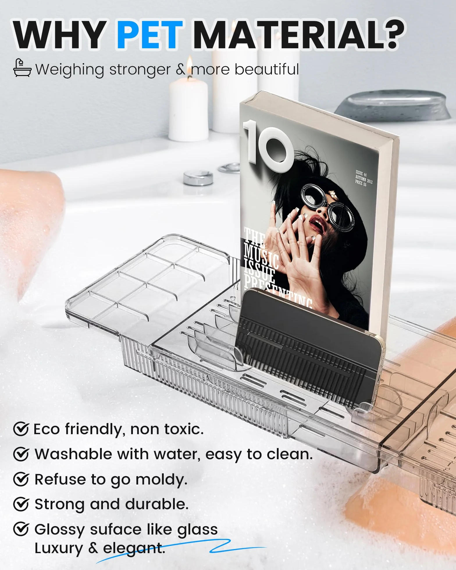 Plateau Baignoire Extensible en Acrylique avec Support pour Bougie, Verre, Livre, Tablette, Ipad et Téléphone