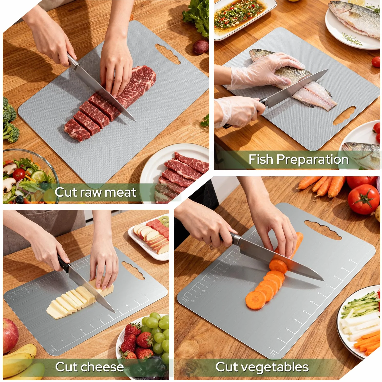 Alyvisun Planche à découper en acier Inoxydable 304, Design Double Face avec Surfaces Texturées Effet riz et Lisses, Planche de Découpe en Métal pour v Nourriture (39 × 28 cm+ 29 × 20cm + 25 × 15cm)