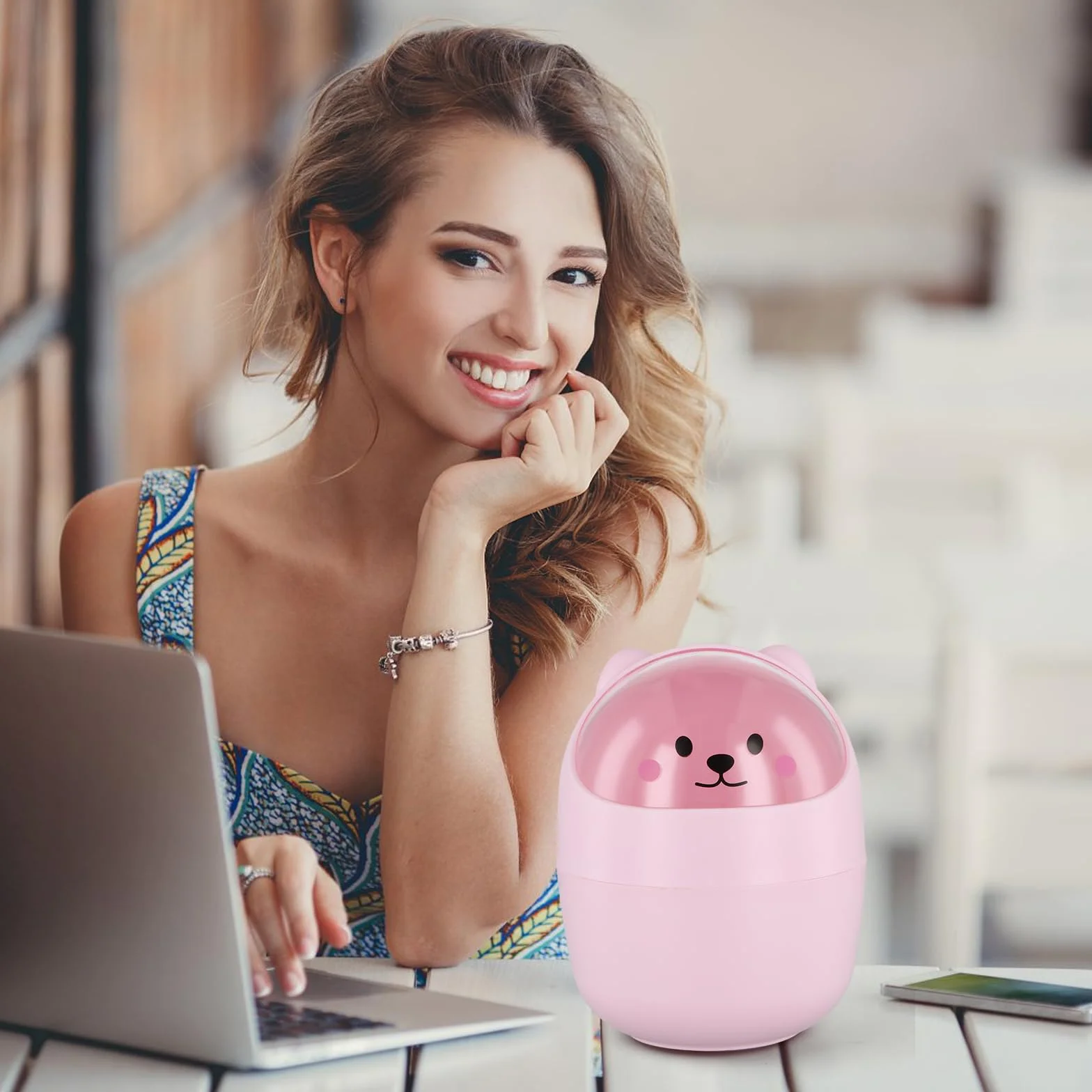 Poubelle de Table Ministère avec Couvercle, Porte Stylo Amovible, Corbeille à Papier Plastique Rose