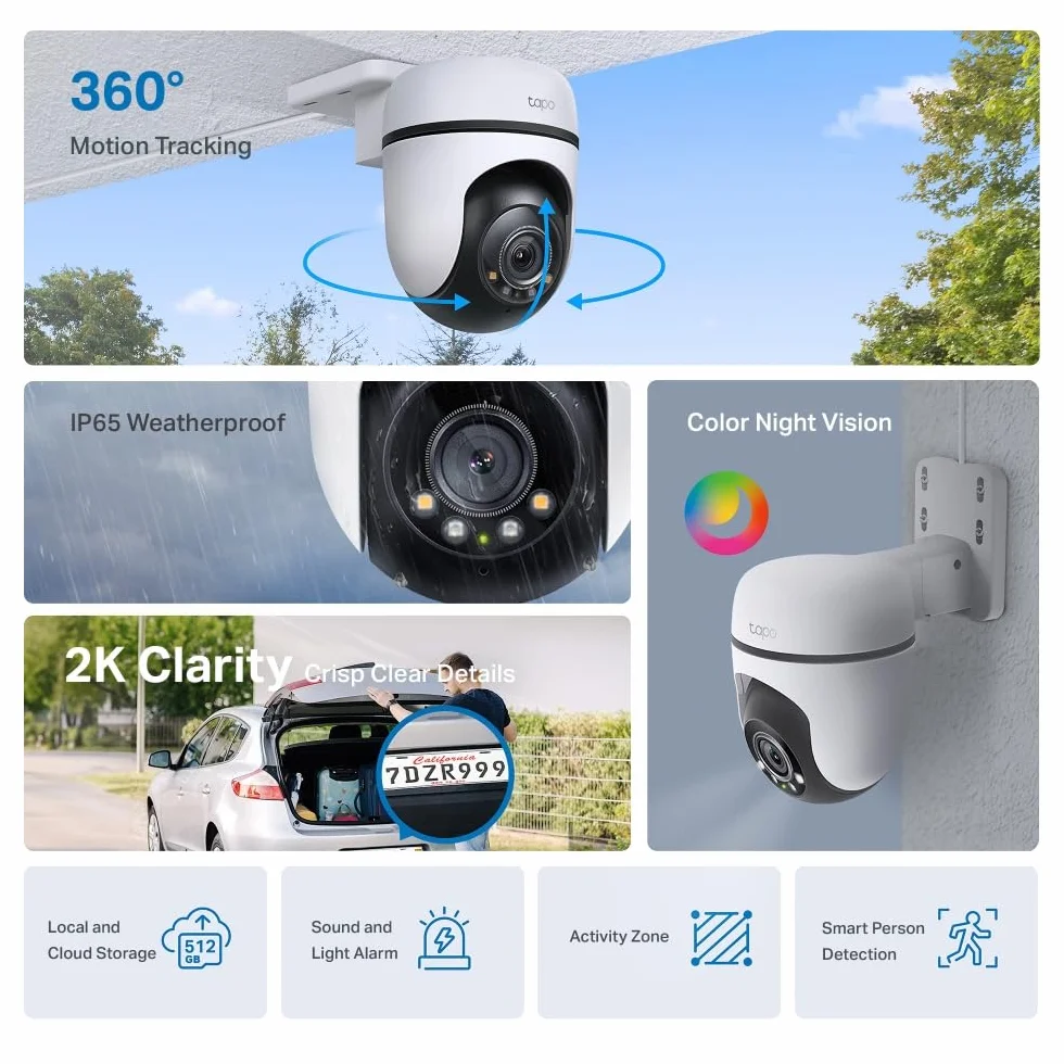Tapo C510W (2 sztuki) Zewnętrzna kamera WiFi 2K 3 MP, widzenie 360 °, kolorowe widzenie nocne, kamera monitorująca IP, czujnik ruchu, wodoodporna IP65, dwukierunkowy dźwięk, Alexa, 2 sztuki