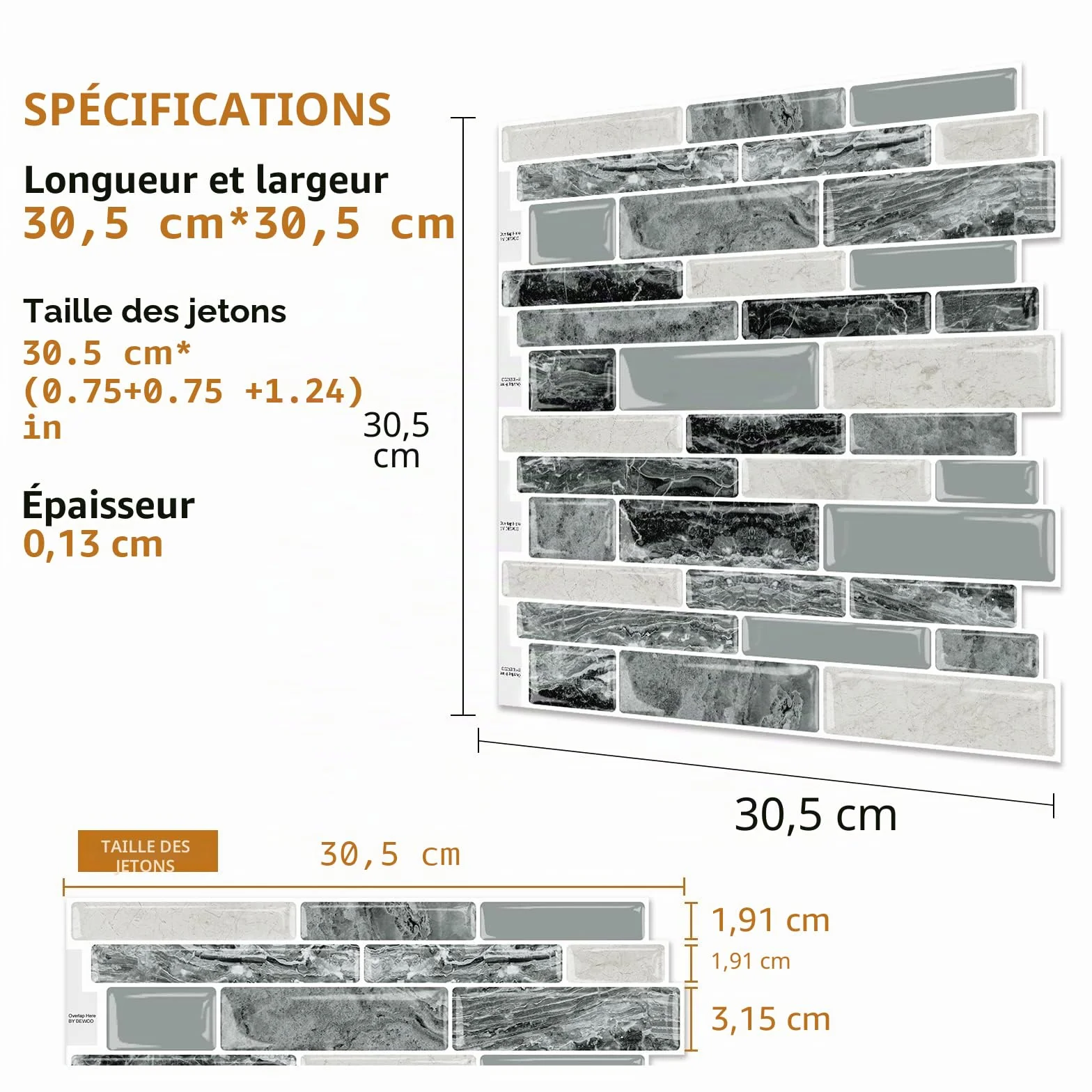 DEWOO 3D Relief Carrelage Adhésif Mural 30.5x30.5 cm 10 Pièces Autocollant Marbre Effet Vinyle