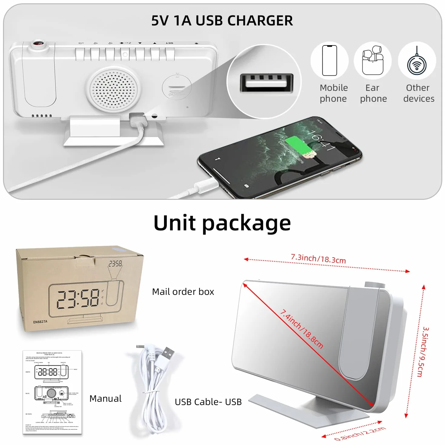Réveil Projection Plafond Mur Alarme Double Snooze 12/24 H Charge USB Affichage LED Miroir 4 Niveaux Lumière Intensité Variable Blanc
