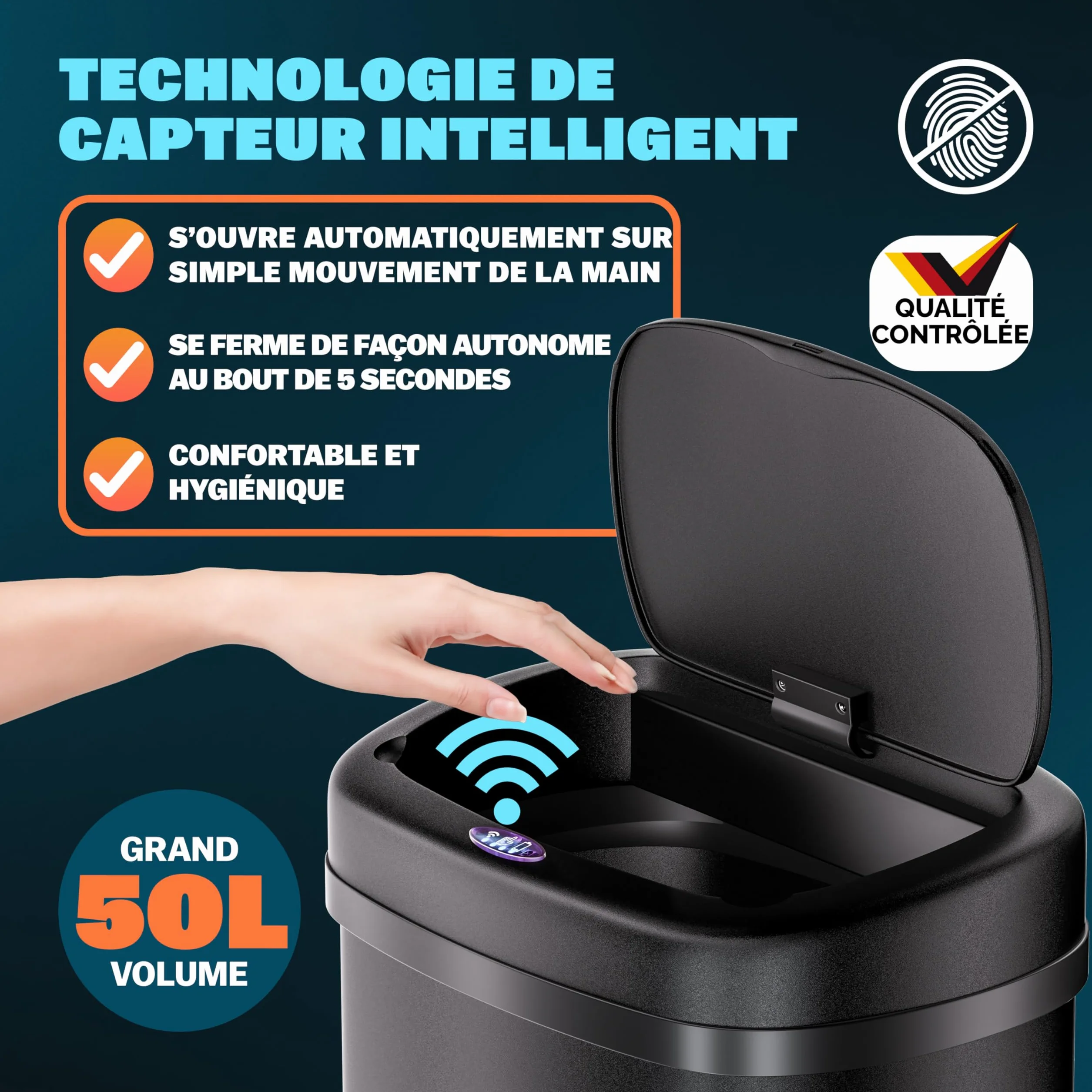 Monzana Poubelle automatique 50L acier inoxydable capteur mouvement noir