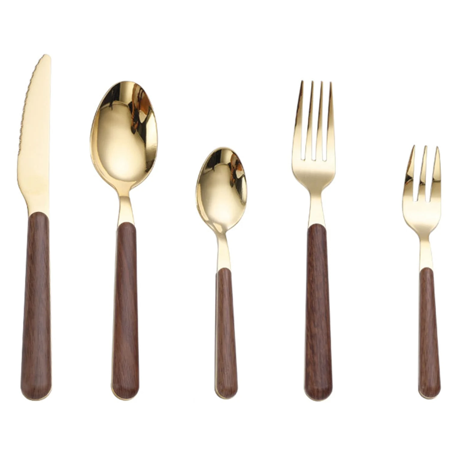 Ensemble de Couverts en Acier Inoxydable doré de 30 pièces avec fourchettes et Couteaux à Manche en Bambou pour Six Personnes