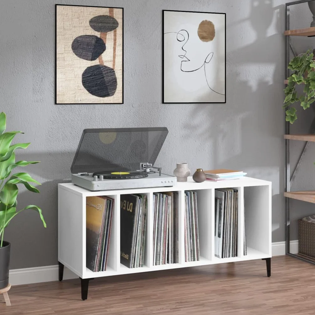 Tomostar Support pour Tourne-Disque, Porte-disques Présentoir Meuble de Rangement pour Disques Vinyles Blanc 100x38x48 cm Bois d'ingénierie