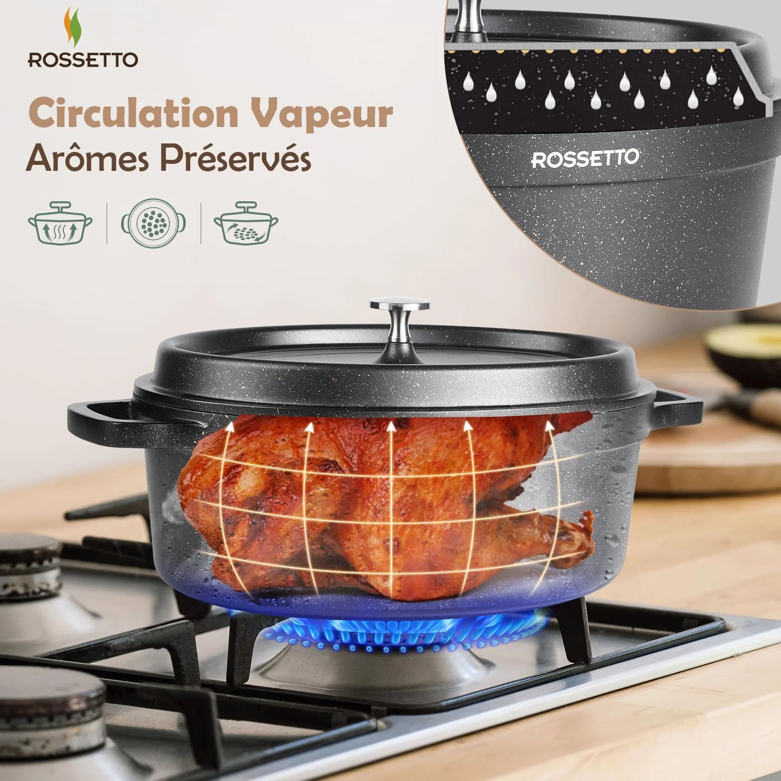 ROSSETTO 10,6L Cocotte ovale en fonte d’aluminium, revêtement antiadhérent en céramique. Couvercle avec picots saveurs. Compatible tous feux dont induction et au four jusqu’à 230℃, 38CM, Noir