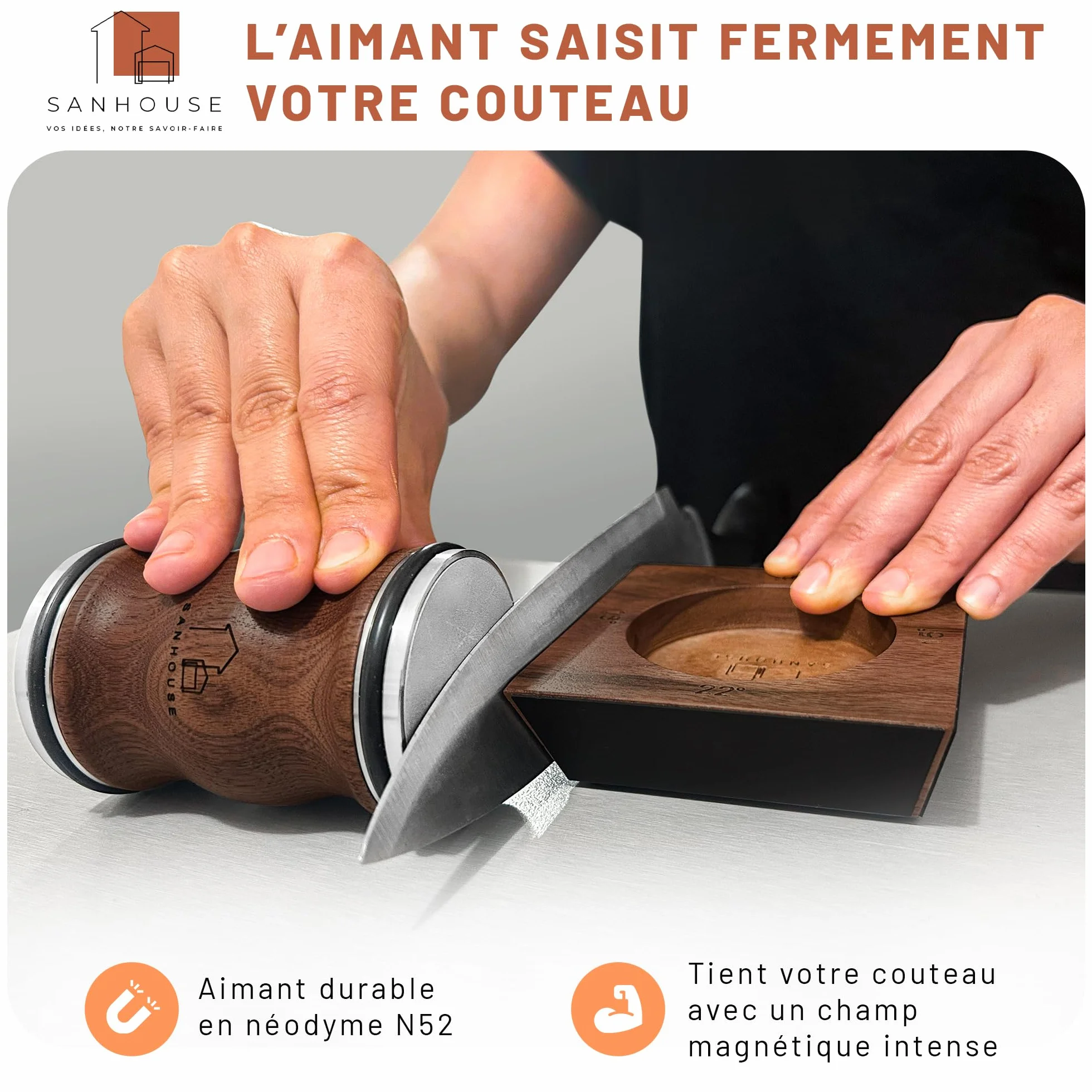 SANHOUSE Aiguiseur couteaux roulants, affuteur de couteaux magnétique multi-angles, pierre a aiguiser, eguiseur de couteau en diamant&céramique, offre un aiguisage de 15 à 22 degrés - MARQUE FRANÇAISE