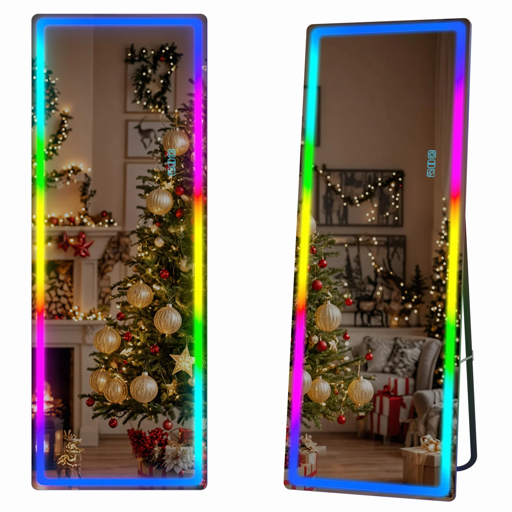 Miroir sur Pied RVB 153x50cm Grand Miroir Mural LED Moderne sans Cadre Rectangulaire Noir