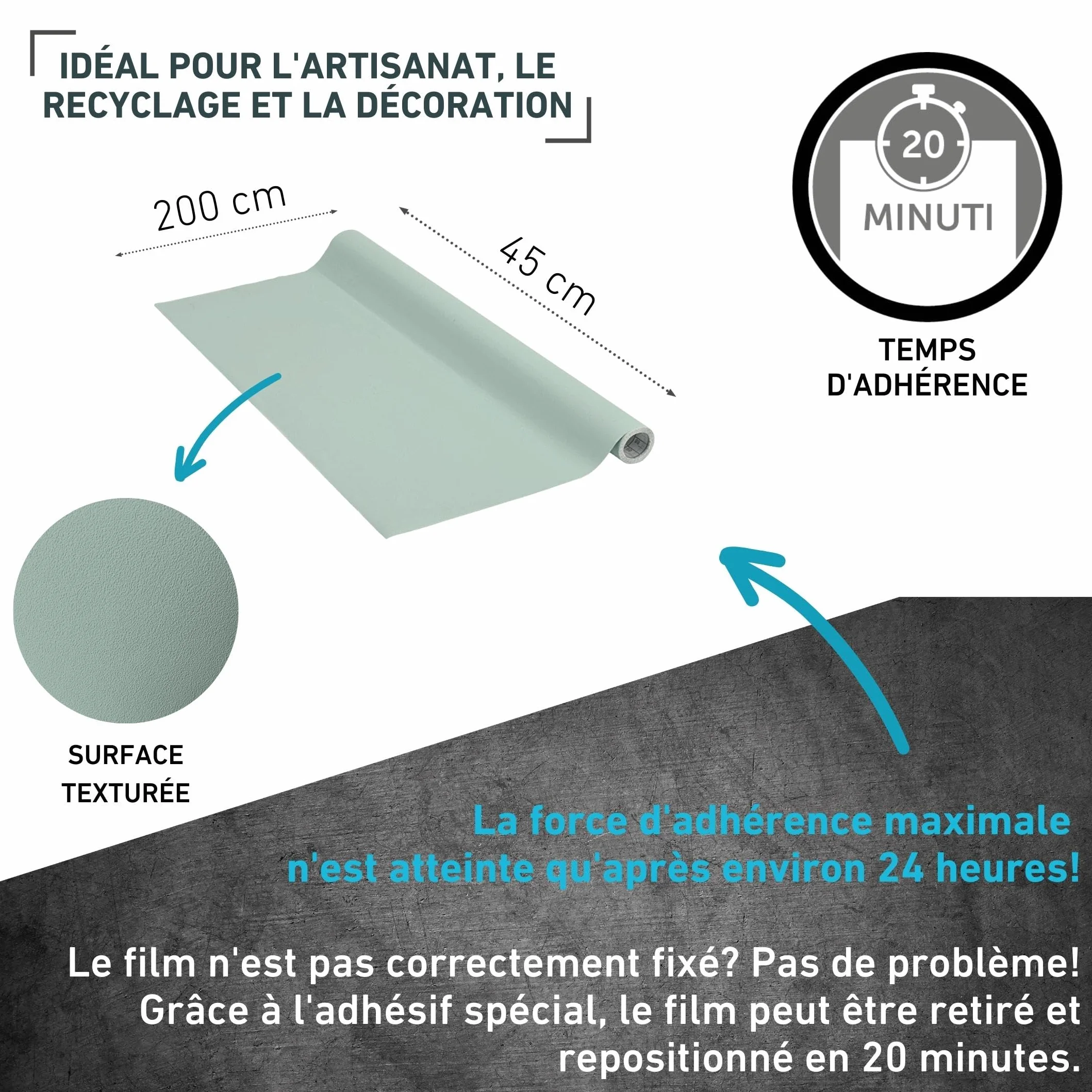 Vénilia Film adhésif Unimat Vert sauge 45 cm x 2 m Décoratif meubles PVC sans phtalates Fabriqué UE