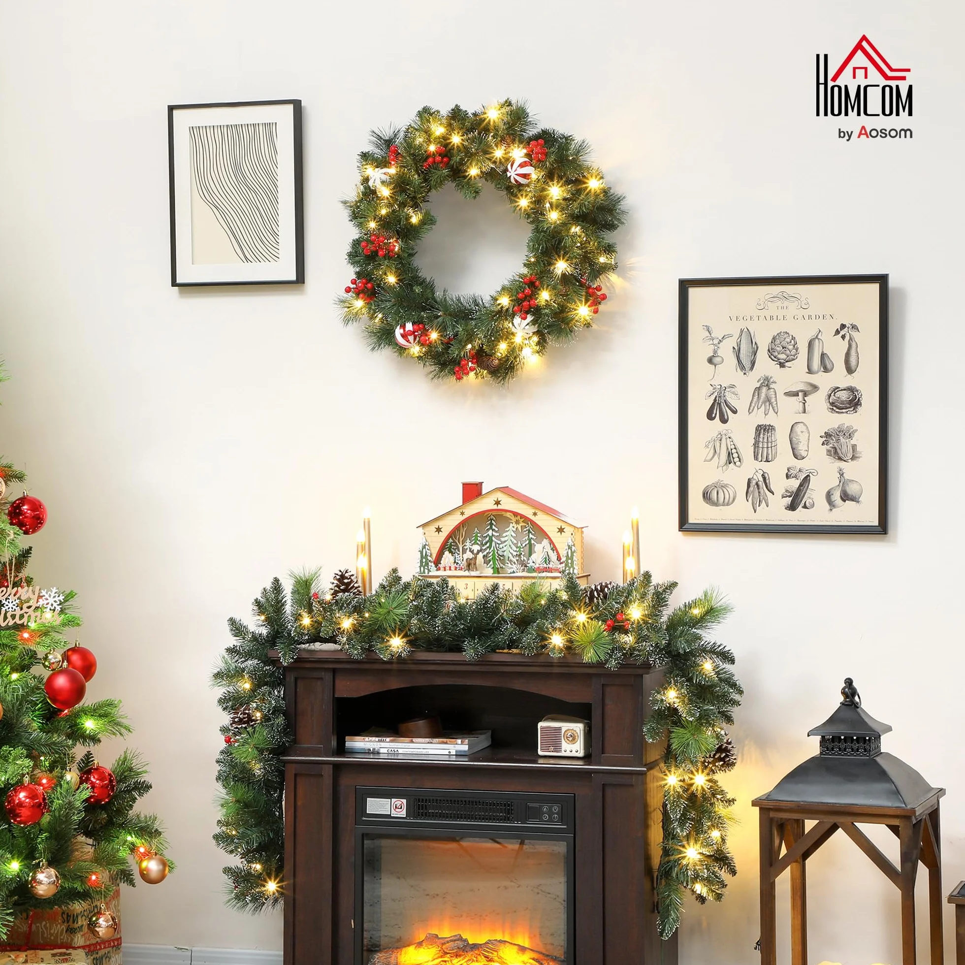 HOMCOM Couronne de Noël Lumineuse 60 cm avec 50 LED Blanc Chaud, minuterie, Couronne de Noël de Porte d'entrée, 146 Pointes, Pommes de pin, Baies, Boules décoratives, pour Porte, Mur, cheminée, Vert