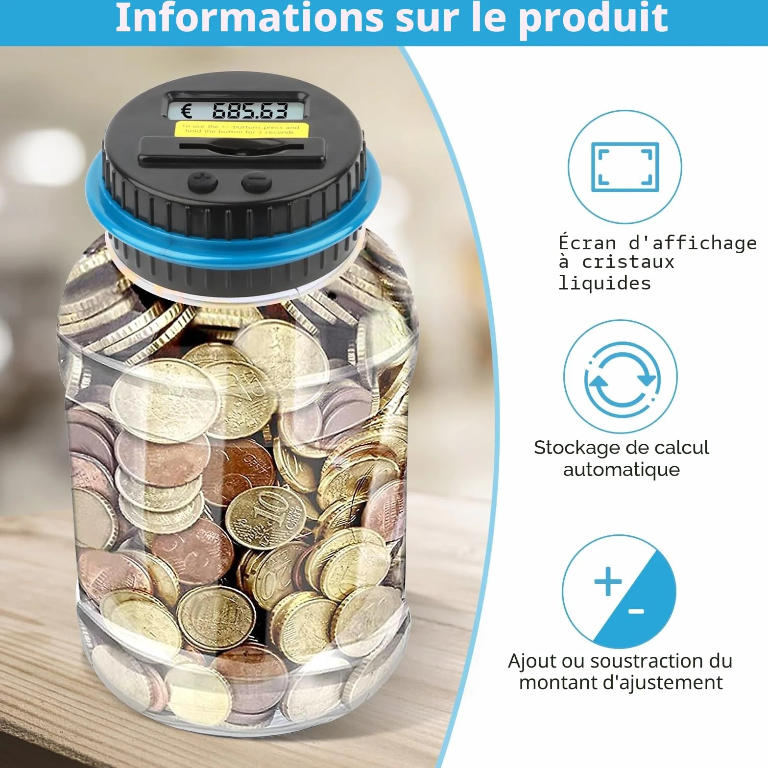 Tirelire numérique électronique avec écran LCD 1,8 l compteur de pièces transparent automatique