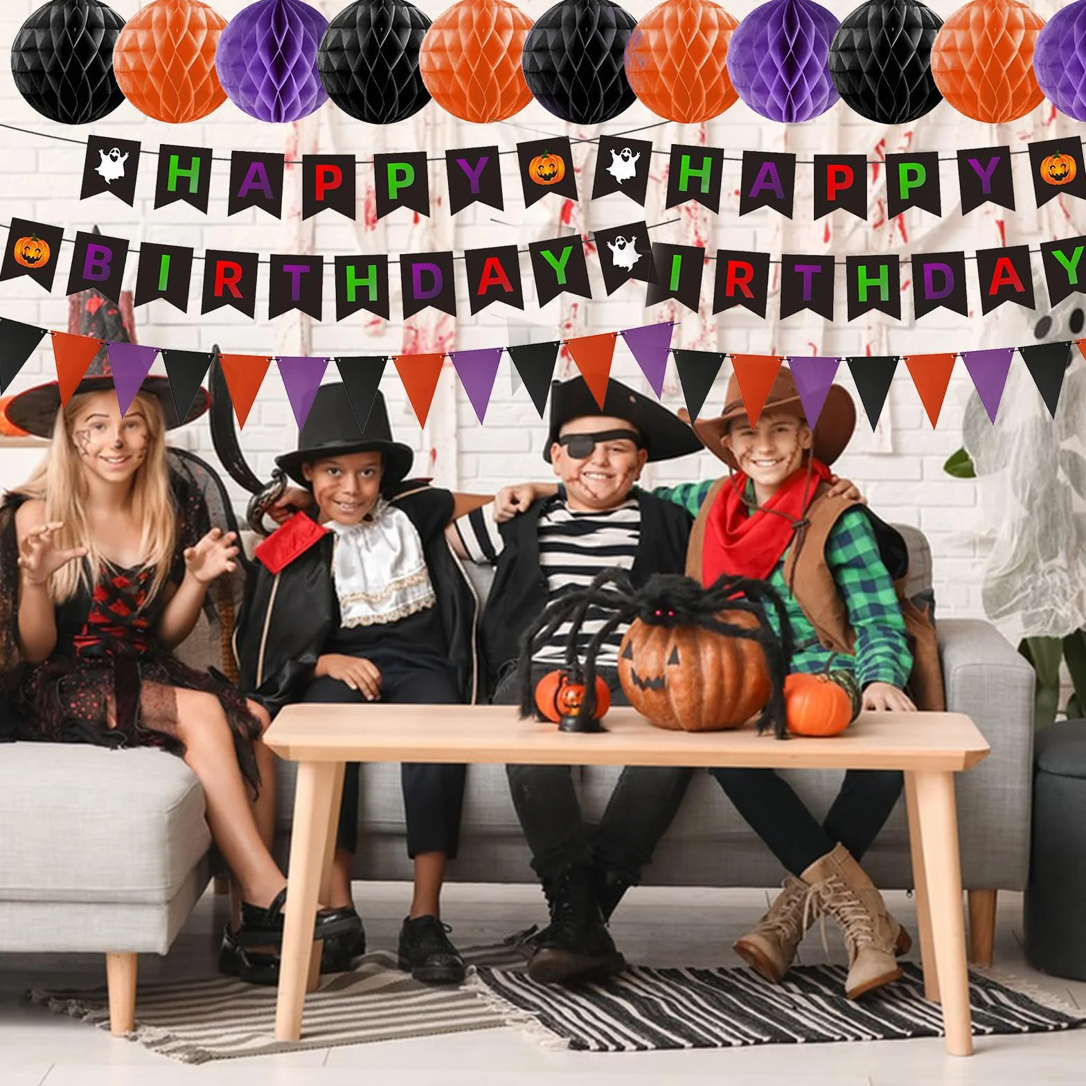 Kit Anniversaire Halloween 47 Pièces Banderole Joyeux Anniversaire Guirlandes Spirale