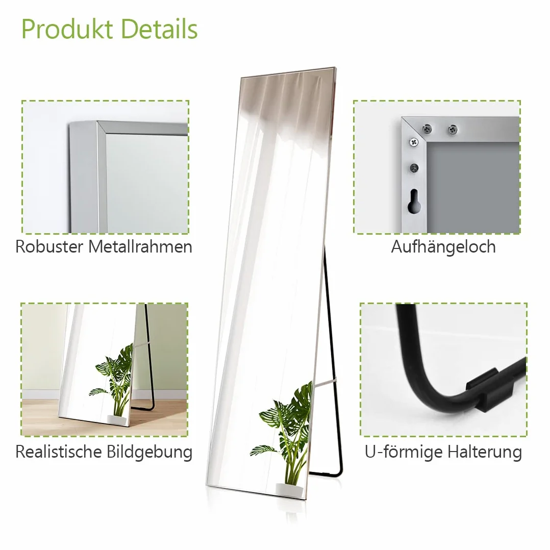 Miroir Pleine Longueur Argent sur Pied 160x40cm Cadre en métal argenté HD Grand Miroir