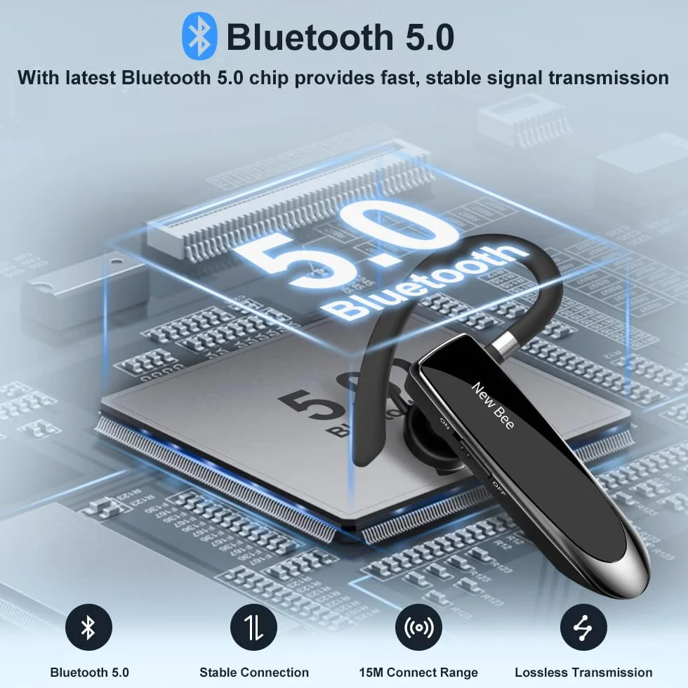 New Bee Zestaw słuchawkowy Bluetooth bezprzewodowy zestaw głośnomówiący z mikrofonem do iPhone Samsung Huawei z 60 dniami czuwania czarny
