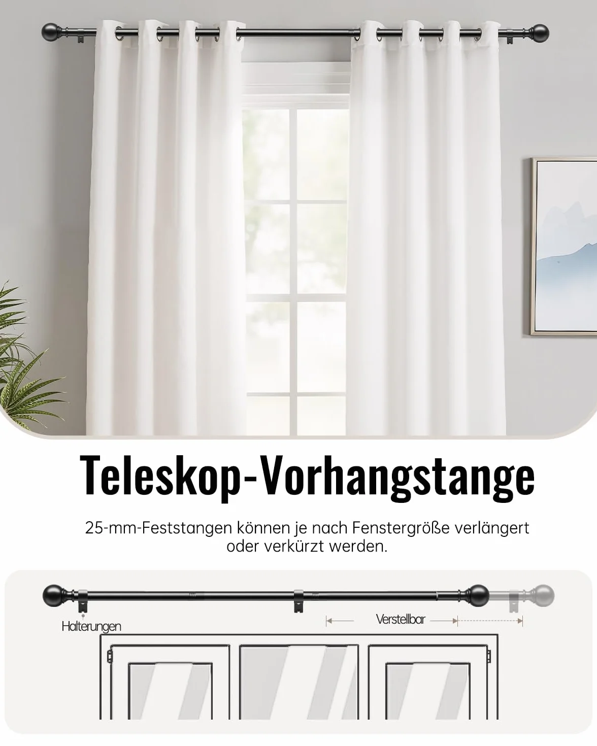 Tringle à Rideaux Extensible 80-218 cm 25 mm avec Embouts Ronds et Supports Noir