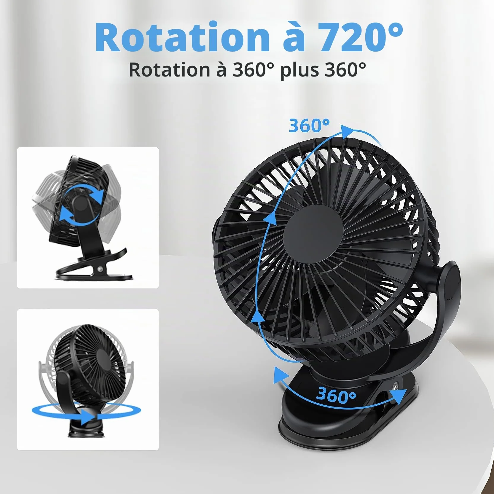 ATEngeus ventilateur Pince USB 5 inch avec batterie 5000 mAh, Portable Petit Ventilateur de Bureau, 3 vitesses, double rotation à 360°, avec câble USB, convient pour les familles, les bureaux