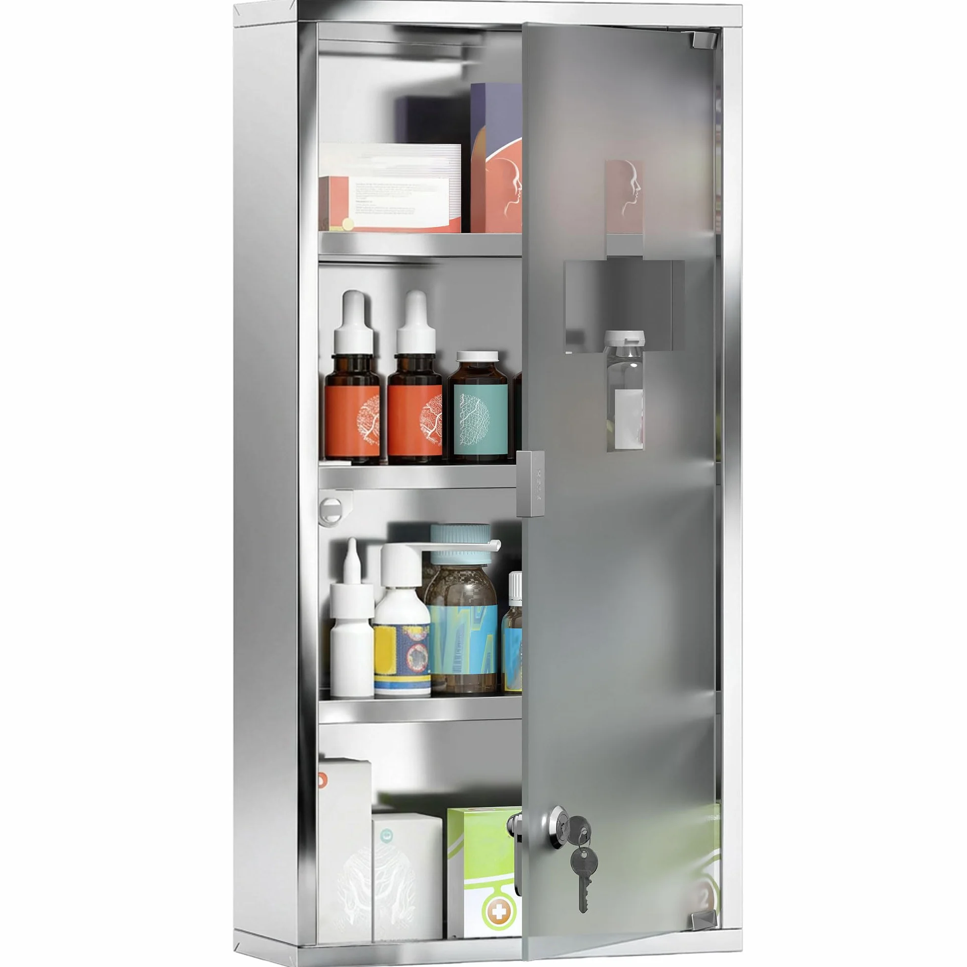 HOMCOM Armoire à Pharmacie 3 étagères 4 Niveaux 30L x 12l x 60H cm Porte Verre trempé Symbole Croix Acier Inoxydable brossé