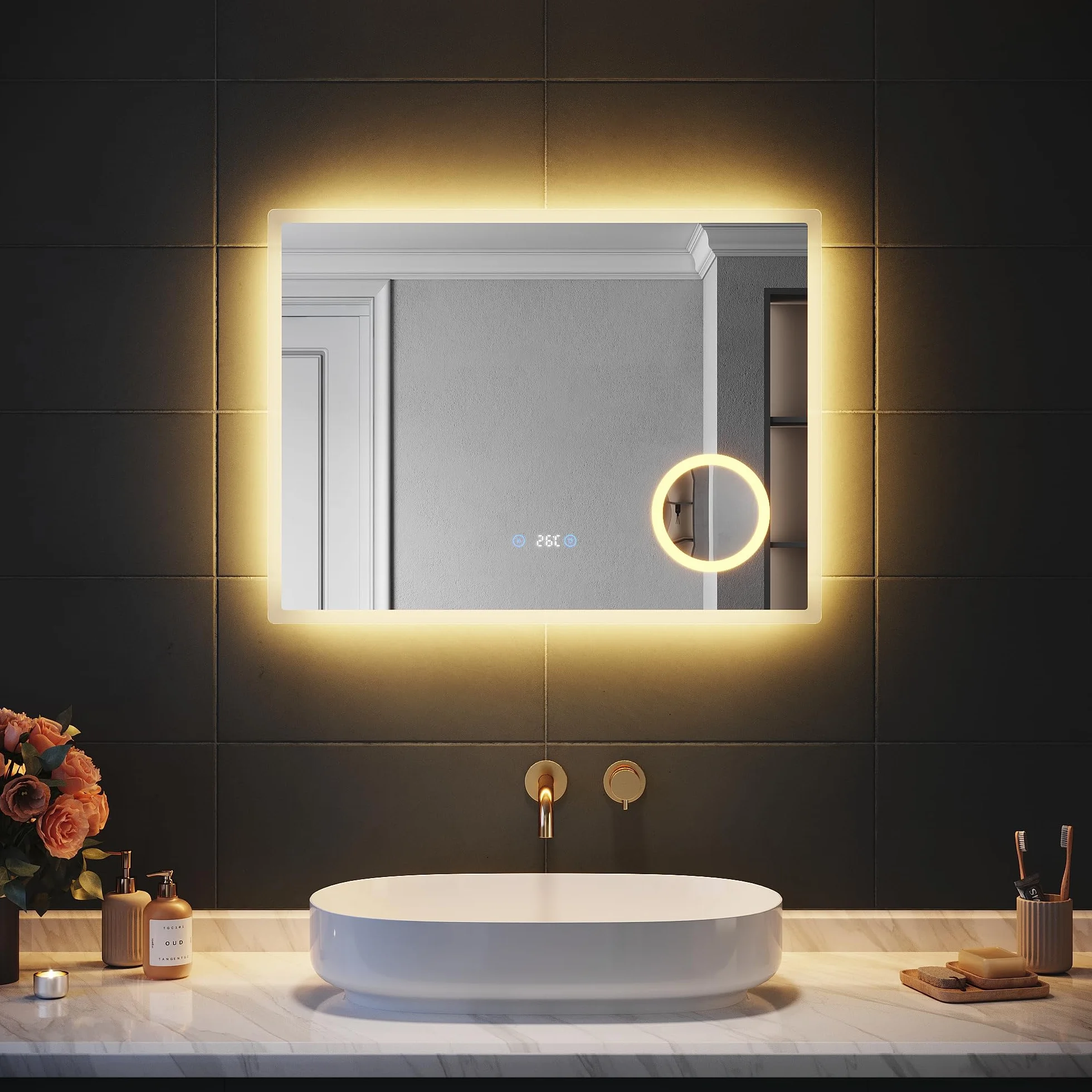 SIRHONA Miroir de Salle de Bain avec Éclairage, Affichage Numérique Écran LED, Miroir avec Une Loupe 3X, Anti-buée, 3 Températures de Couleur, Dimmable, Fonction Mémoire, 80x60cm