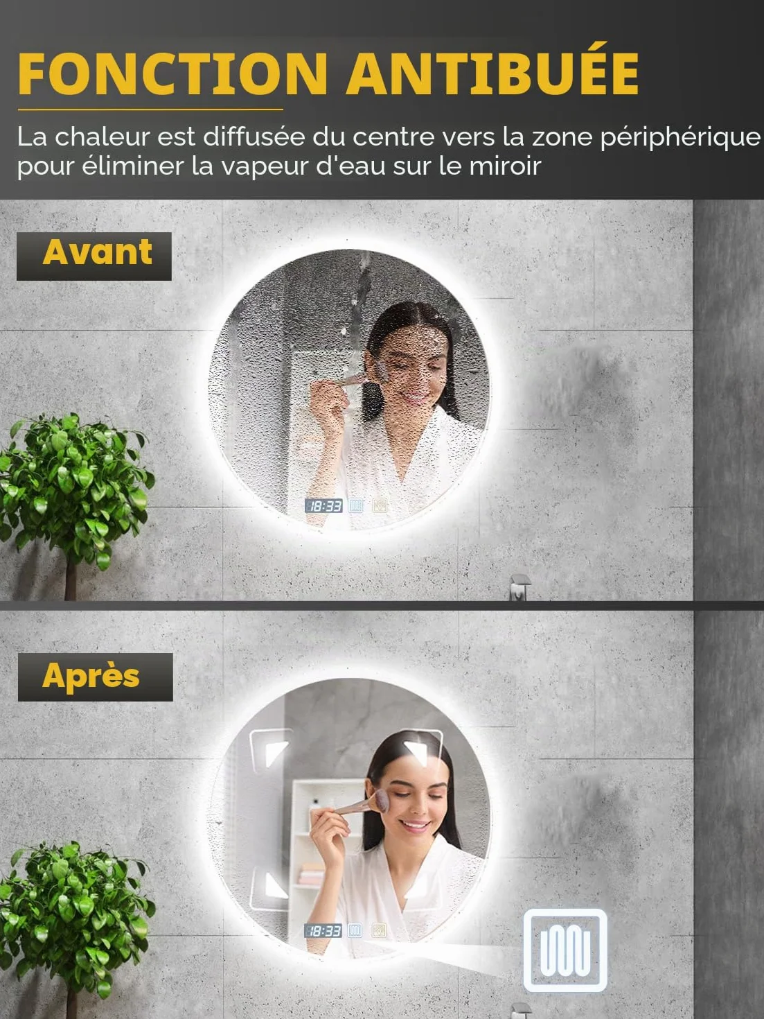 Miroir de salle de bain rond à LED, 60 x 60 cm, mural, antibuée, lumière variable en 3 couleurs, miroir antibuée avec lumières rétroéclairées, pour salle de bain