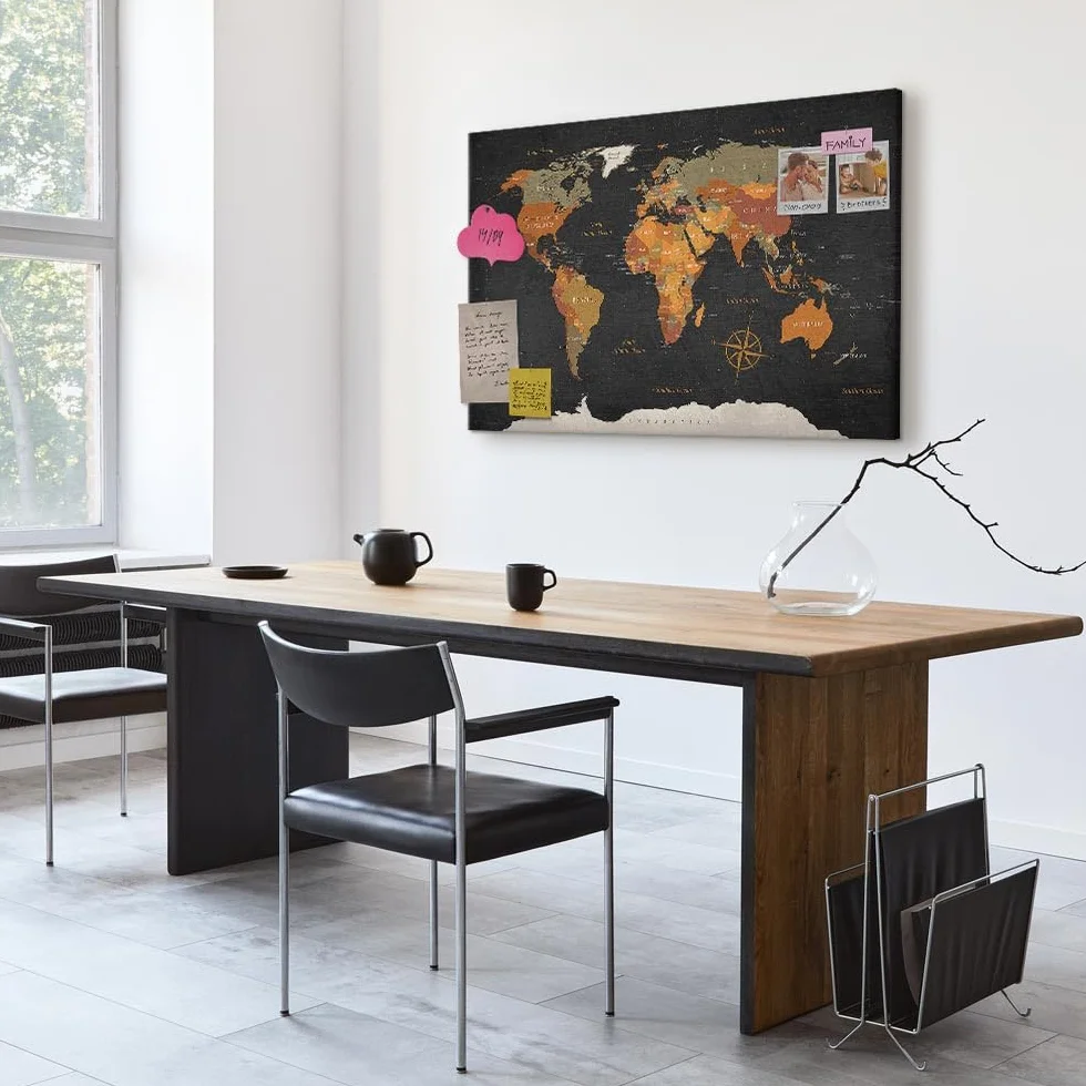 murando - Tableau à Épingles et Peinture sur Toile Combinés 120x80 cm - Avec Crochets Clous et Punaises Argentées - Panneau en Fibres pour Notes et Affichage - Carte du monde k-C-0048-v-a
