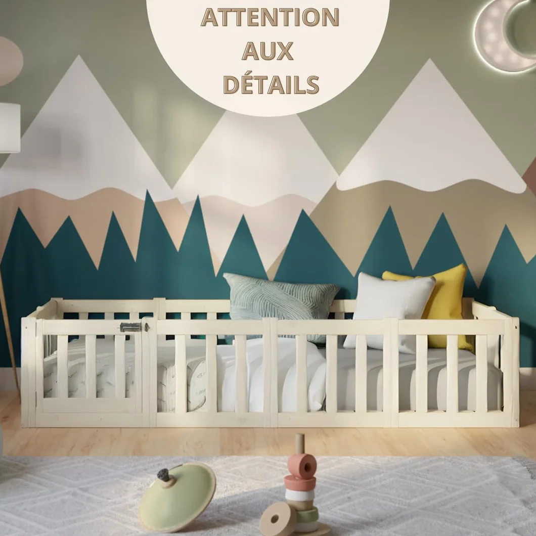 Lit Enfant 180x140 cm – Lit Montessori au Sol avec Barrière 40 cm et Barrière Amovible - Bois Blanc avec Surface Lisse - Parfait pour Garçons et Filles Crazy Johnny