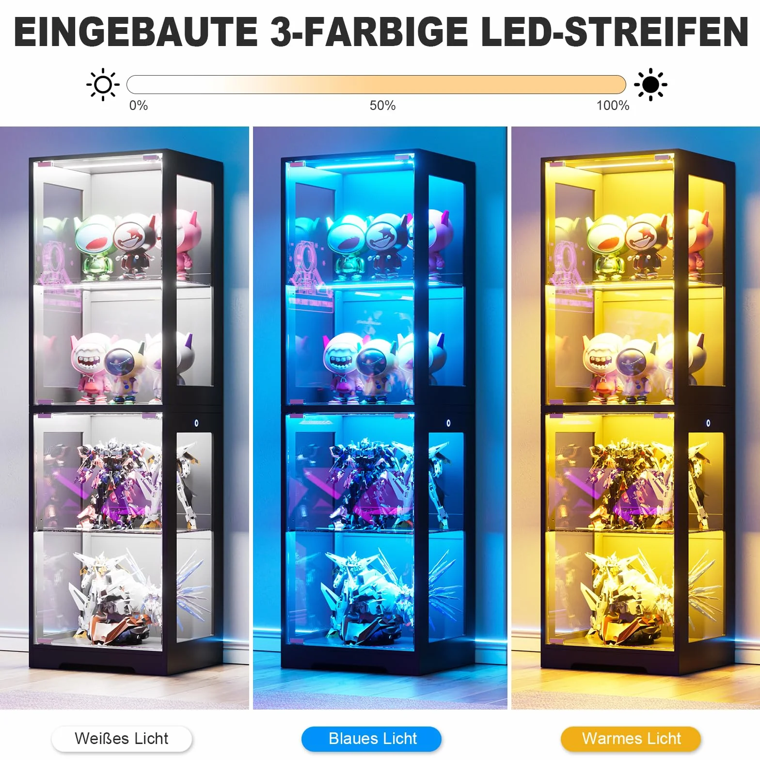 Vitrine en Verre avec LED, Vitrine pour Collection, 4 Couches Multifonction en Verre Debout,Armoir de Vitrine Moderne,Armoire de Salon de Collection,Jouets,Livres, 160x40x35cm