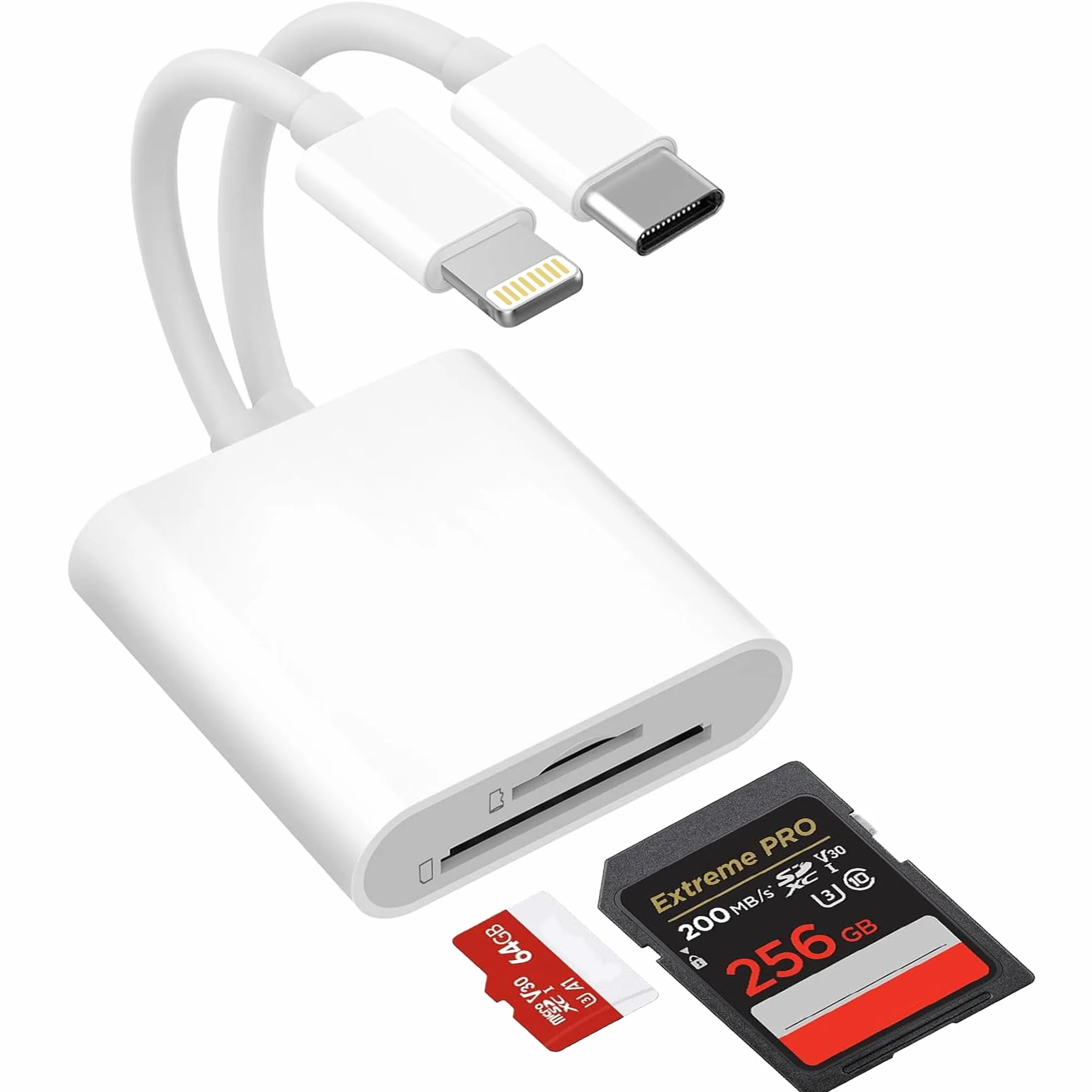 Czytnik kart SD do iPhone'a/iPada/Androida/aparatu, czytnik kart pamięci 2 w 2 ze złączami USB C i Lightning, podwójne gniazdo na MicroSD/SD, adapter OTG typu C, przeglądarka kart aparatu, czytnik