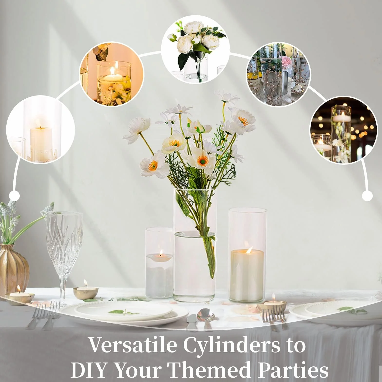 Porte-Bougie Hurricane Cylindre en Verre : Vase À Fleurs Transparent pour Bougies Chauffe-Plat Pilier Votif Bougies Flottantes pour Décorations De Table À Manger (M+L+XL x 4)