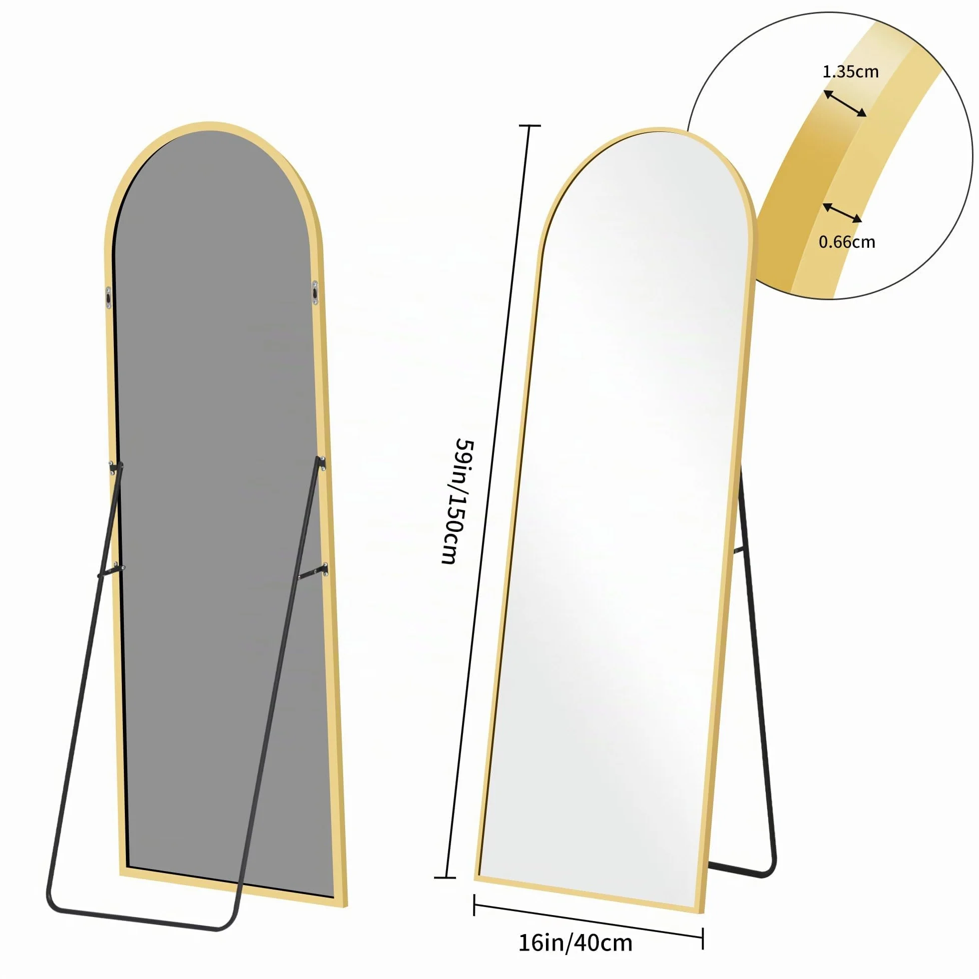 KOCUUY Miroir sur Pied Arqué, 150 x 40 cm Grand Miroir Mural avec Cadre en Aluminium Doré à Suspendre, à Poser, à Appuyer, pour Salon, Chambre, Couloir
