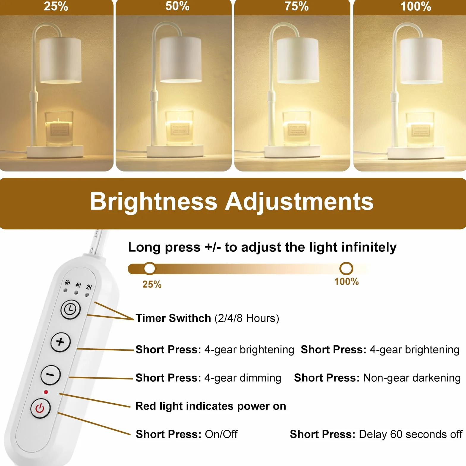 Briever Lampe chauffe-bougie électrique avec minuterie et variateur d'intensité, pour bougies en pot, hauteur réglable avec 2 ampoules et base en bois, cadeau pour femme, décoration d'intérieur, blanc