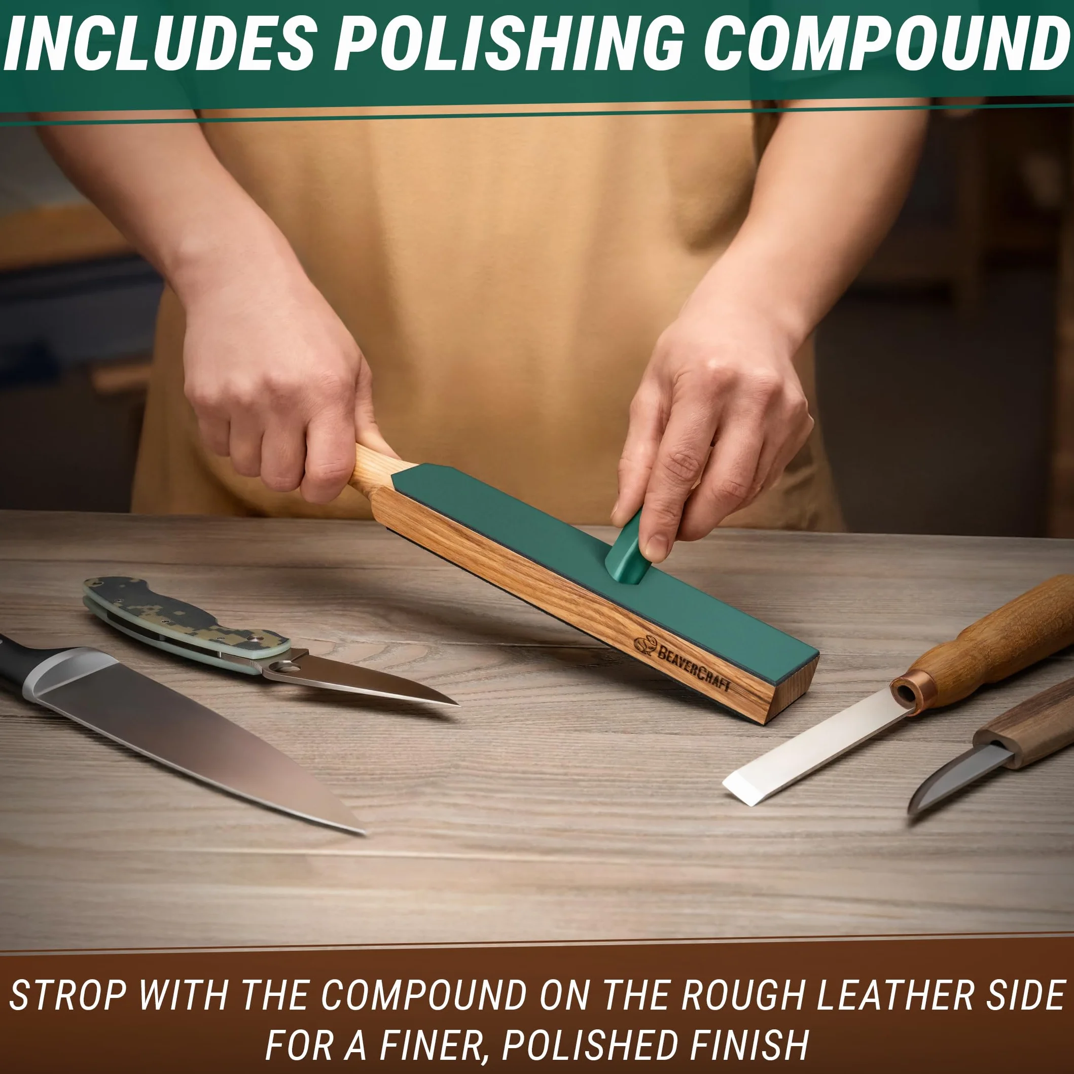 Kit d'affûtage en cuir BeaverCraft LS6P1 avec pâte à polir 36 x 5 cm pour aiguiser les couteaux