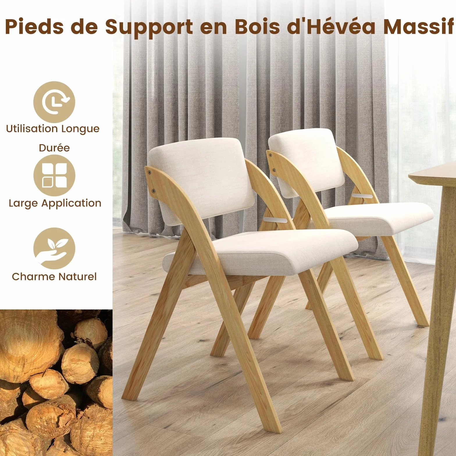 RELAX4LIFE Lot de 2 Chaise Pliante Bois, Chaise Salle a Manger avec Siège Rembourré, Housse en Lin, Chaise Pliable Interieur, Peu Encombrante, pour Cuisine, Salle à Manger, Bureau (1, Naturel+Beige)