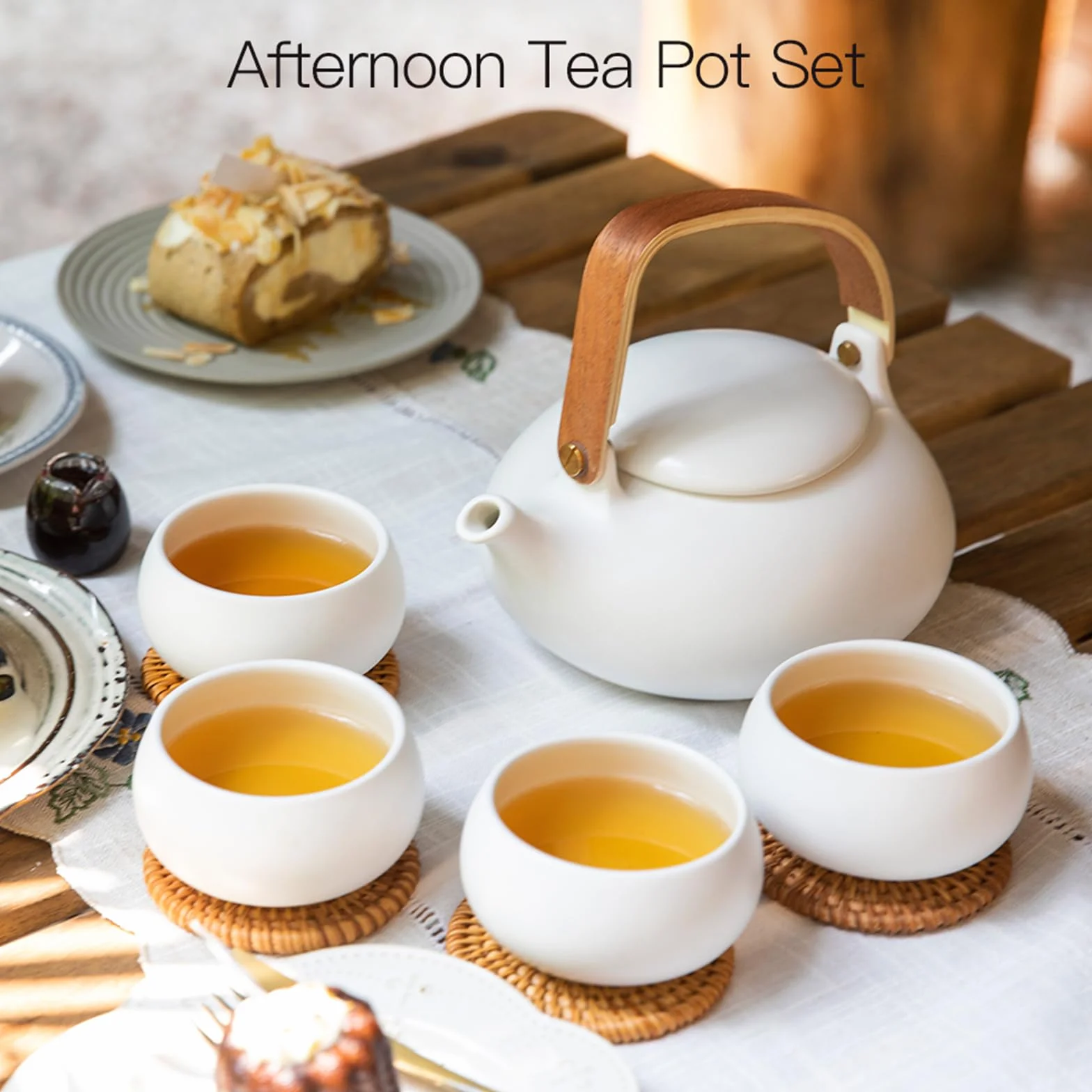 ZENS Theiere avec infuseur, Théière en japonaise avec 4 tasse pour le thé en vrac, blanc céramique Théière avec filtre en acier inoxydable 304 pour les fleurs Thé, manche en bois moderne