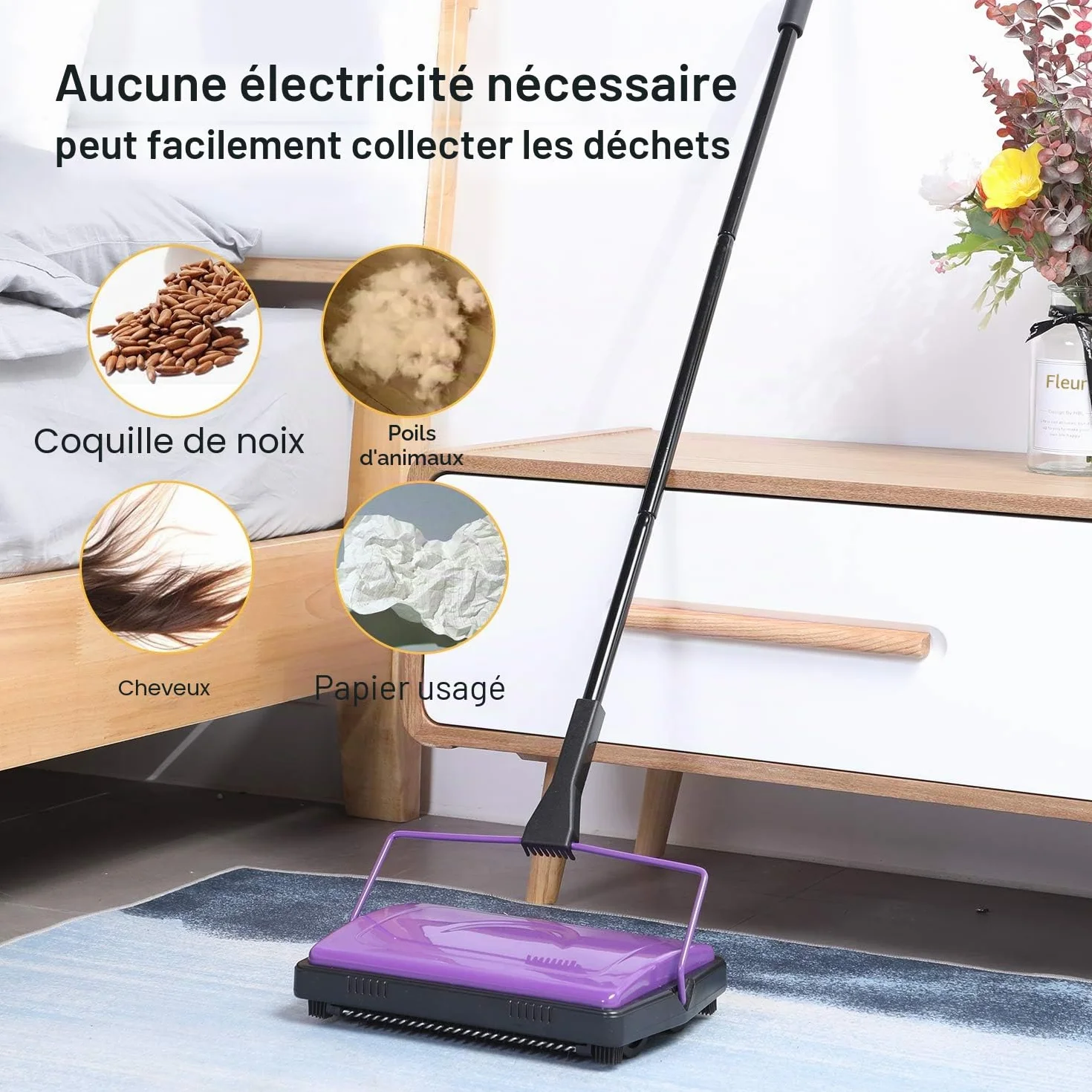 Yocada Nettoyeur de tapis pour la maison, le bureau, les tapis bas, les sous-poils, les poils d'animaux, la poussière, les restes de papier, les petits déchets avec une brosse - Violet