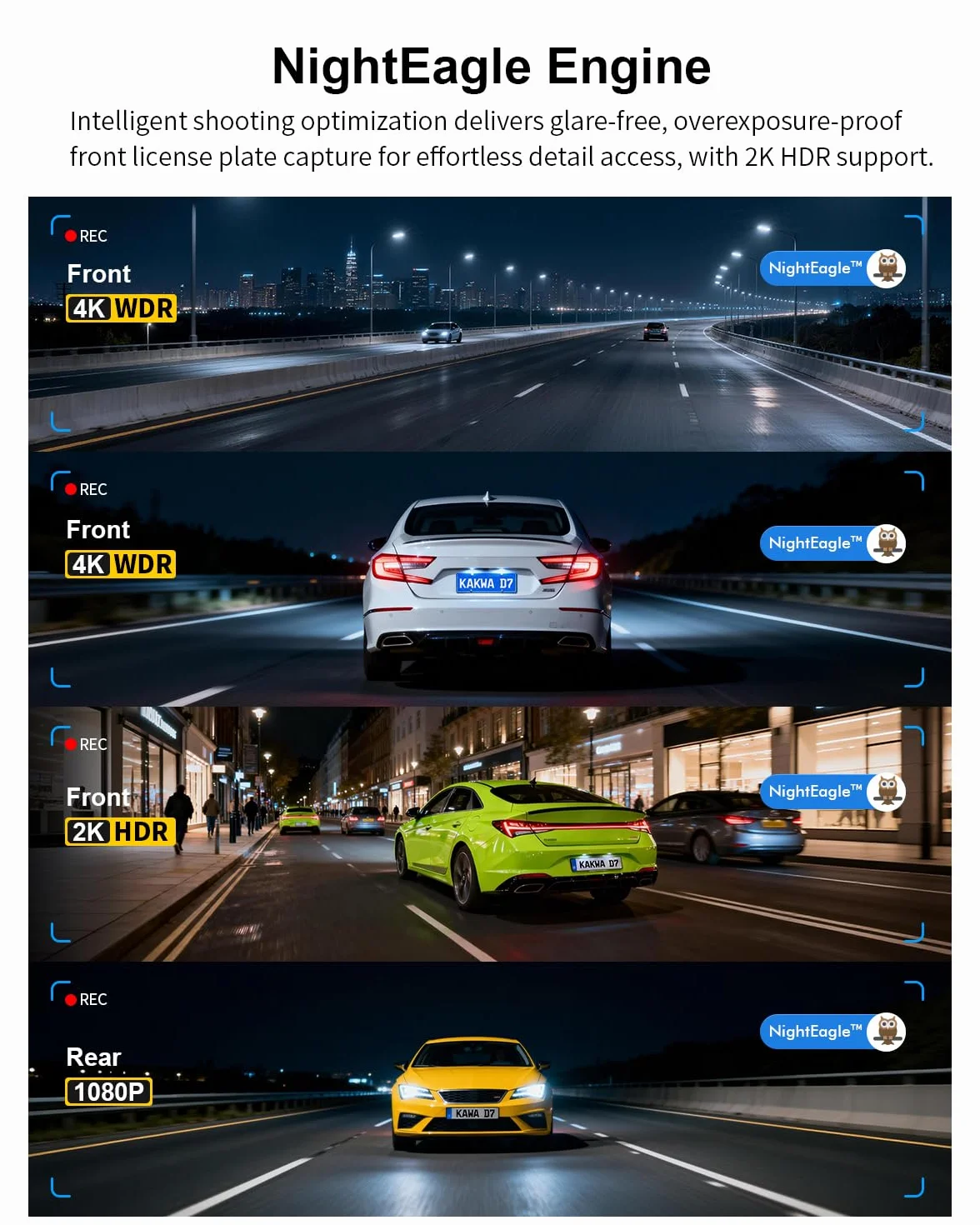 4K Dashcam z przodu i z tyłu, sterowanie głosem, karta 64GB wliczona, Wi-Fi 6 podwójna kamera dla samochodów, wbudowany GPS, ekran IPS 5 cm, 2K HDR, silnik NightEagle, tryb parkowania 24 godziny