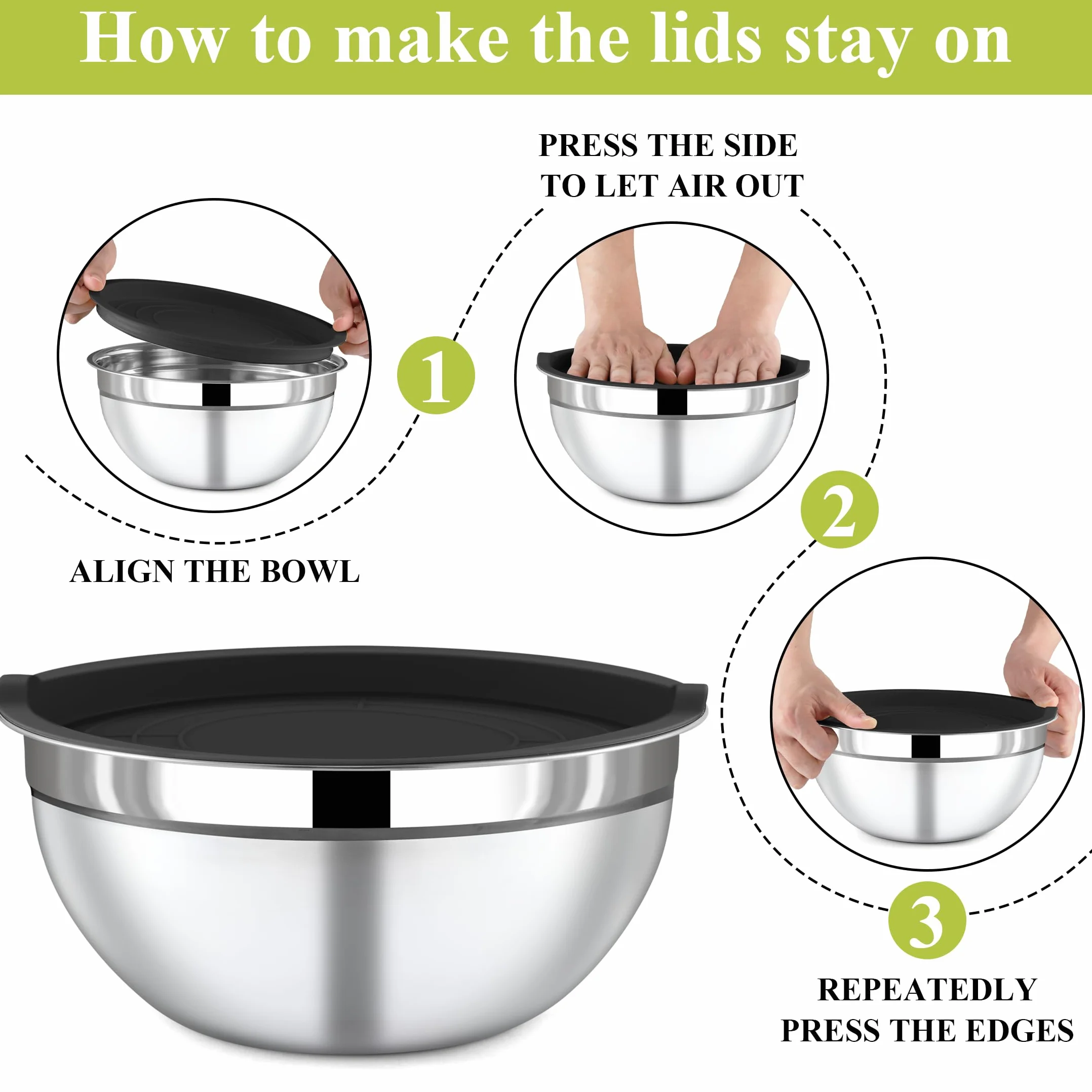 BEWOS Set de 7 Saladiers avec Couvercle - Set de Saladiers Inox avec Râpe, Cul de Poule Lavable au Lave-Vaisselle, Tailles 0.74, 1.16, 1.59, 2.00, 2.75, 3.38, 4.54 QT pour Préparation et Service