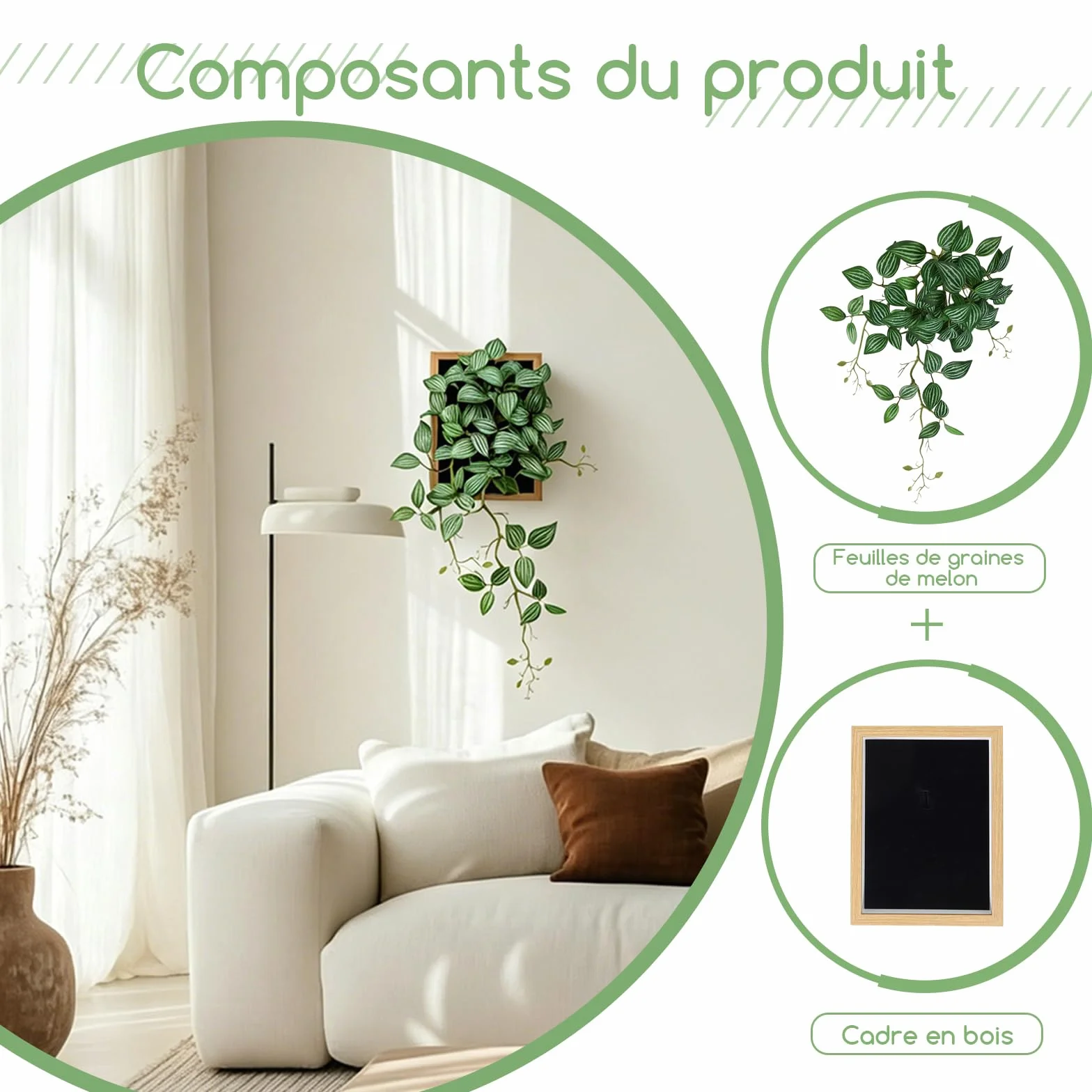 Tableau Végétal Feuilles de Pépéromia Cadre Naturel 30x48cm Décoration Murale Artificielle Salon