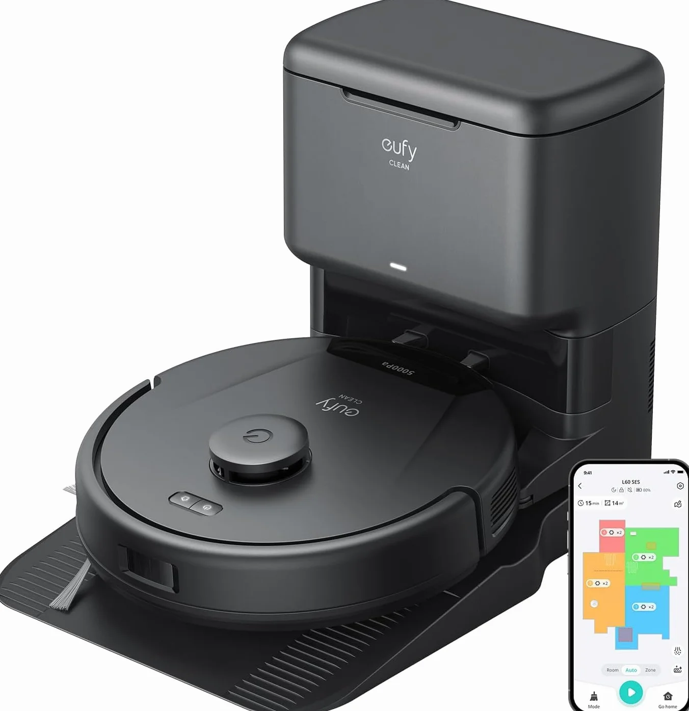 eufy Robot aspirateur L60 avec Station d'aspiration, Puissance d'aspiration de 5 000 Pa, Anti-enchevêtrement, Station d'aspiration 60 Jours sans Vide, Navigation Laser iPath(Reconditionné)
