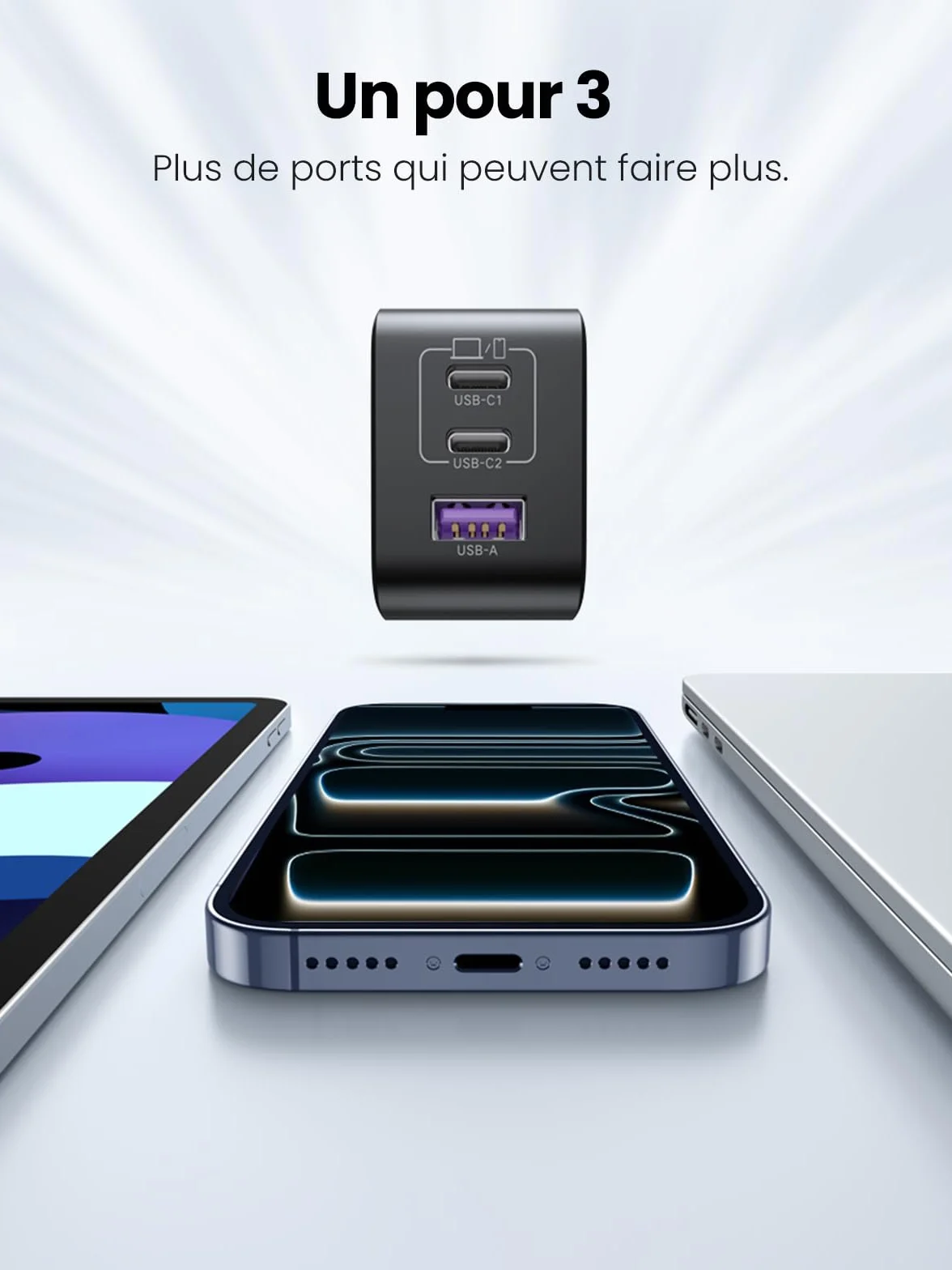 UGREEN Nexode 65W Chargeur USB C Rapide 3 Ports GaN Compatible iPhone 17 Pro Max Air 16 15 14 13 12 Galaxy S26 S25 S24 A16 Pixel 10 9 iPad MacBook Air Pro Neo M5 M4 M3 M2 M1 Noir