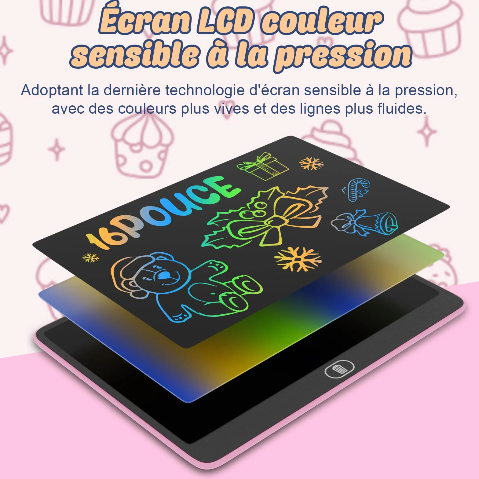 Electight Tablette d'Écriture LCD 16 Pouces, Ardoise Colorée pour Enfants, Cadeau Éducatif 2-7 Ans, Rose