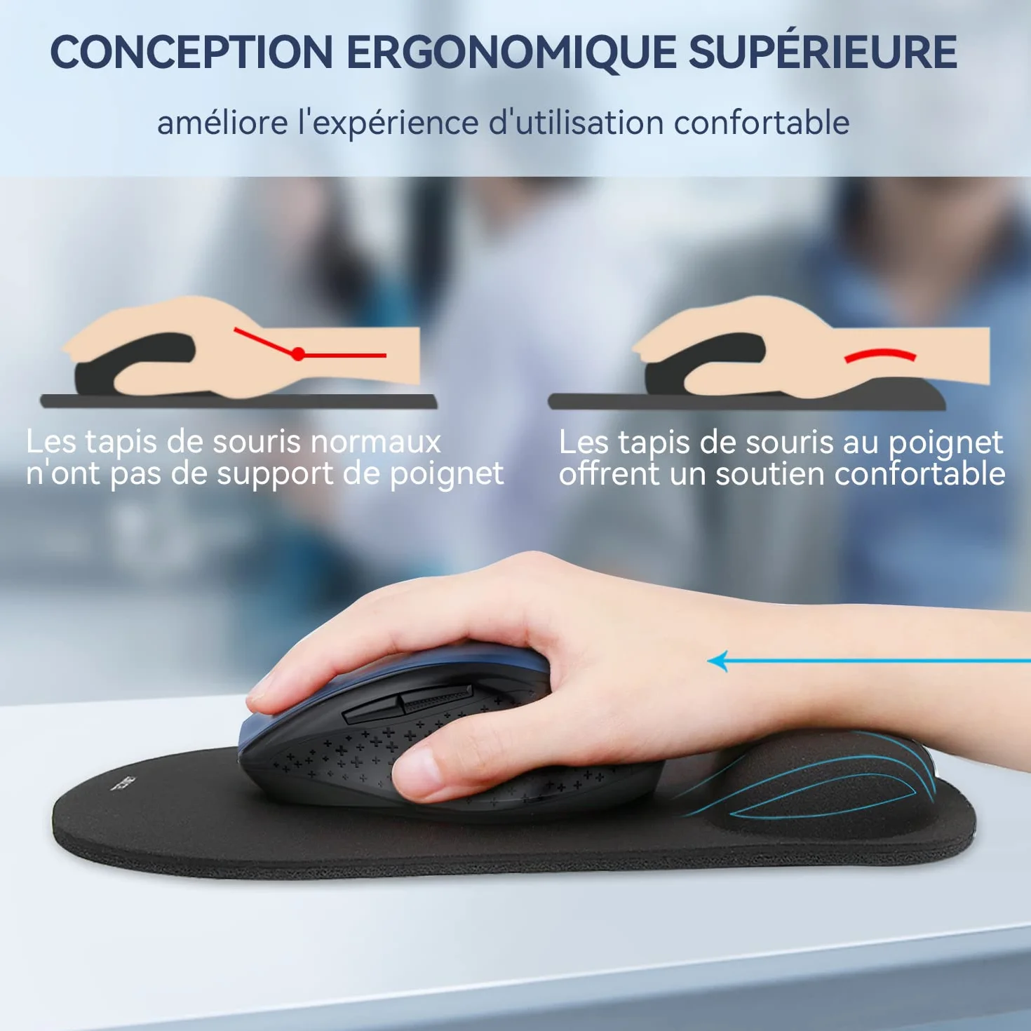 TECKNET Tapis de Souris Ergonomique avec Repose Poignet, Mousse à Mémoire de Forme, Lavable